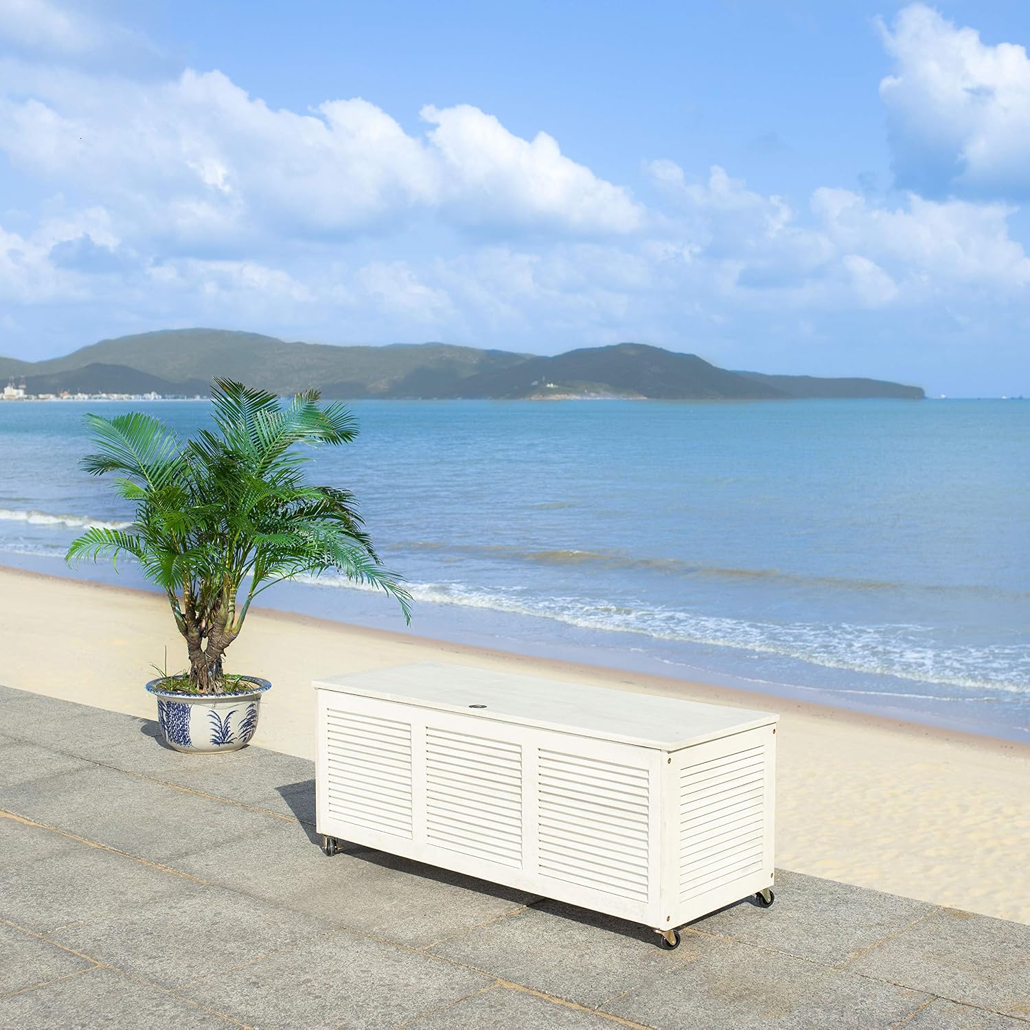 SAFAVIEH Outdoor - Elina Cushion Storage Box - White Washed Solid Wood - Coastal Resort Storage Bench Design - Ideal for Patio, Deck, Porch, Backyard, 18' W x 47' D x 19' H (PAT7038C)