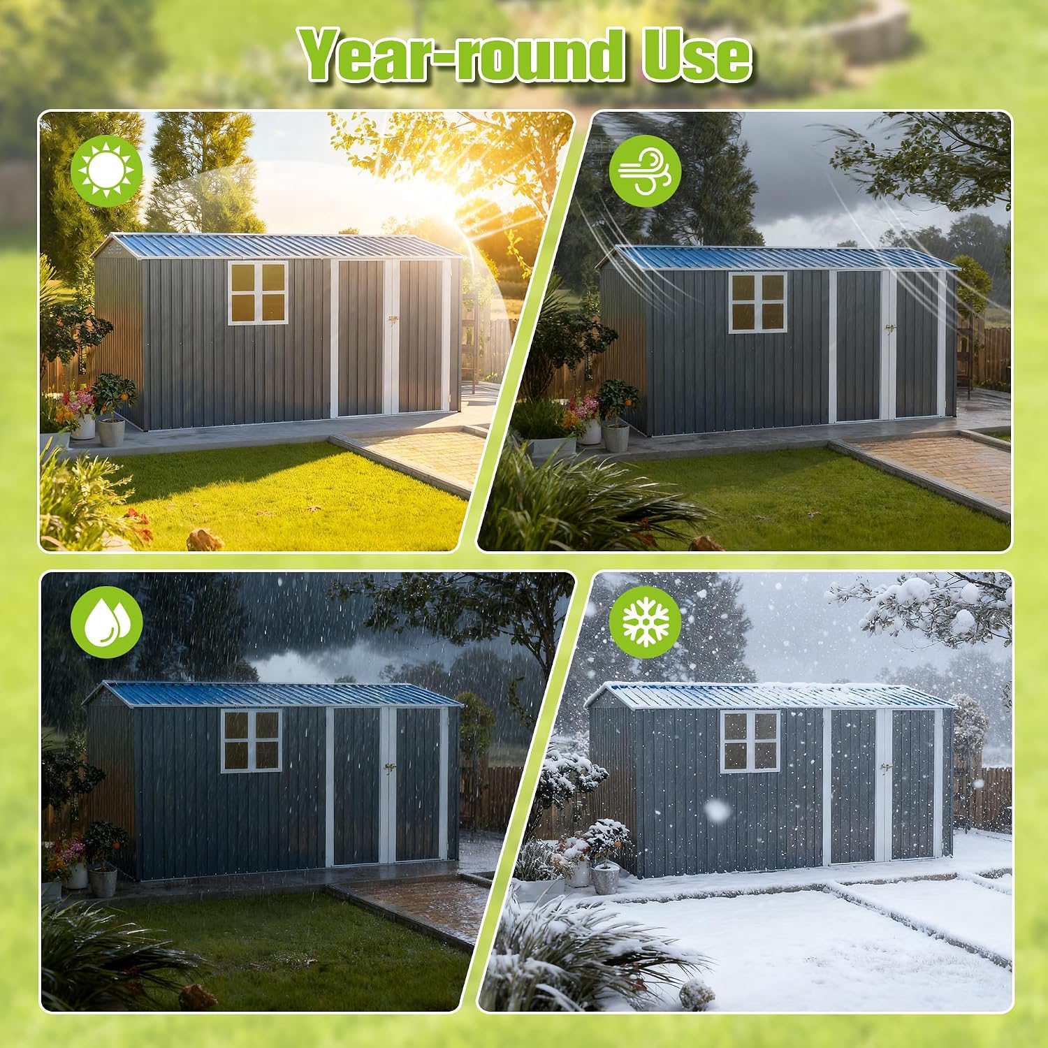 12' x 8' Outdoor Storage Shed with Floor, Waterproof Metal Garden Shed with Windows, Lockable Doors, and Sloped Roof for Patio, Backyard, Lawn, Tool Storage