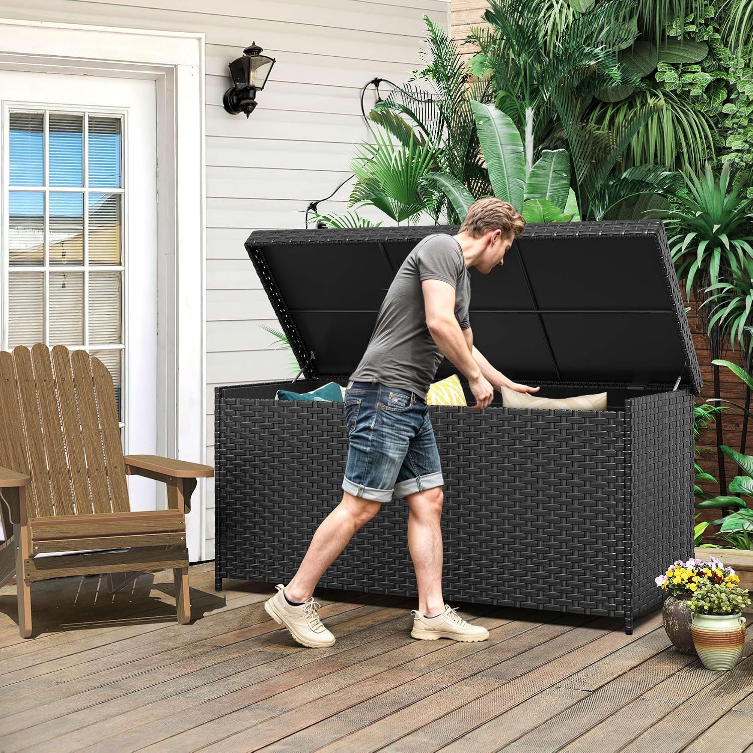 DWVO 260Gal XXL Outdoor Storage Box | All-Weather PE Wicker Deck Box with Waterproof Inner Bag & Elevated Feets | Patio, Pool, Garden Tools Container (Black)