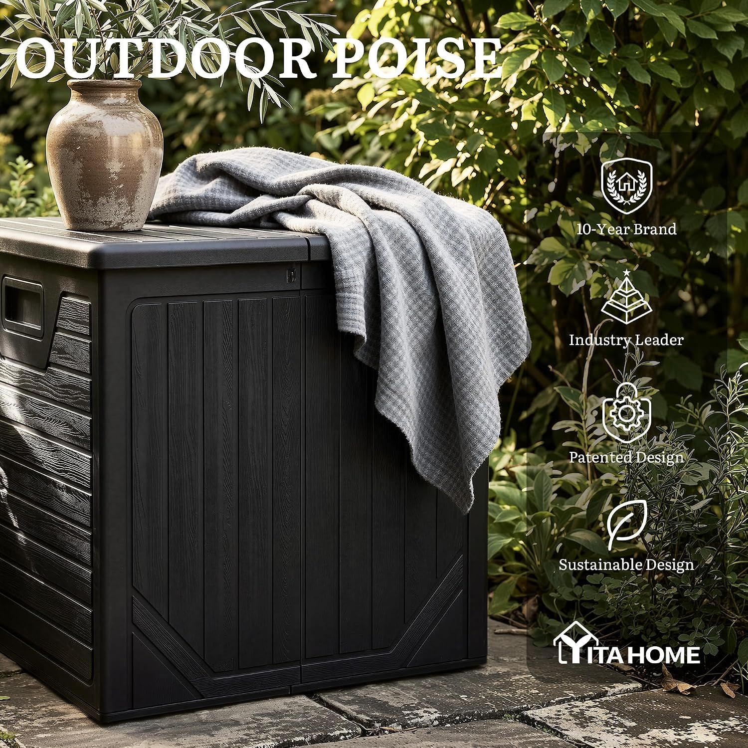 YITAHOME 150 Gallon Large Outdoor Deck Box, Lockable Resin Storage Box and Waterproof Patio Furniture Bin for Garden Tools & Pool Accessories, Black