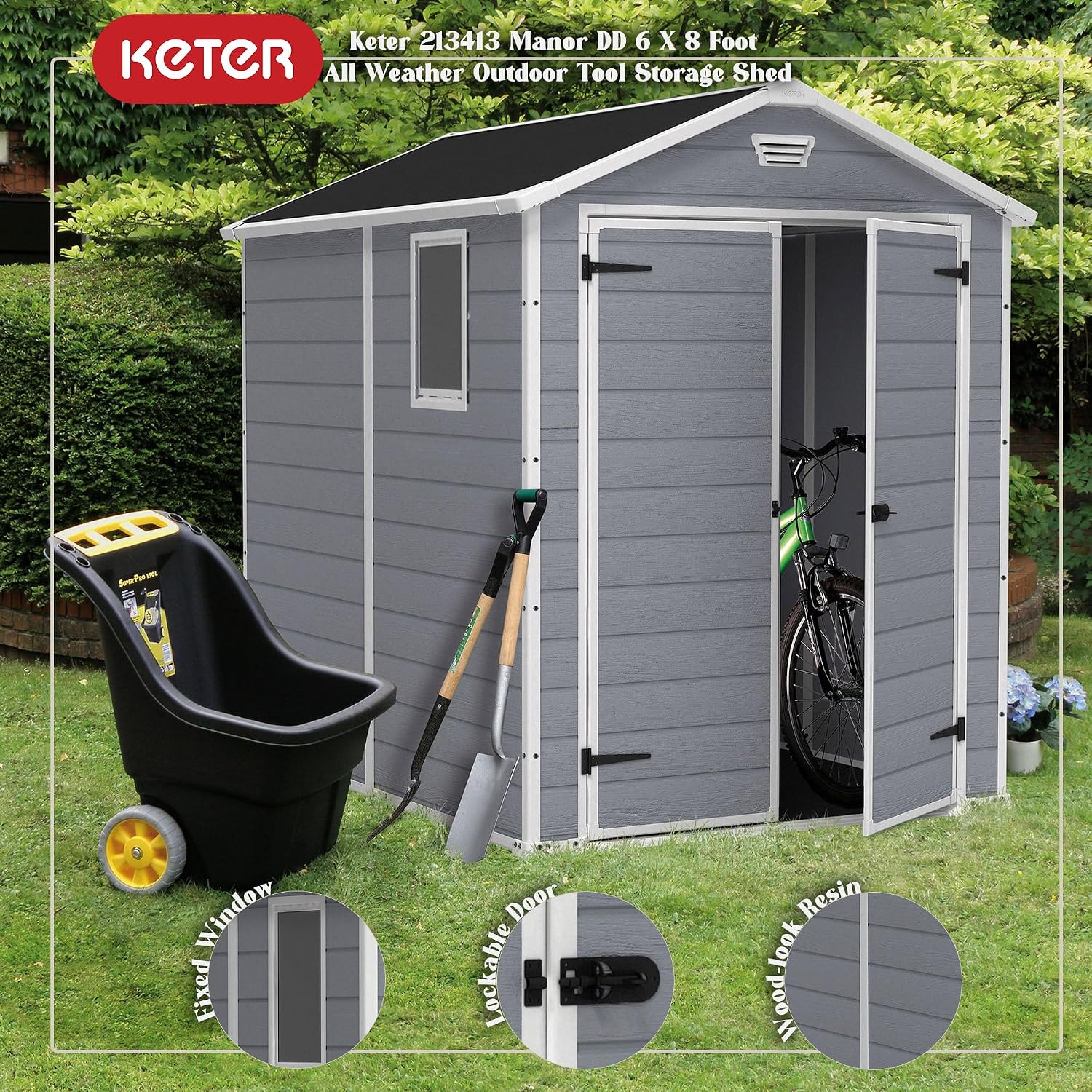 Keter Manor 6x8 Foot All Weather Garden Tool Outdoor Storage Shed with Lockable Double Doors, Fixed Window and Wood-look Resin Walls, Grey