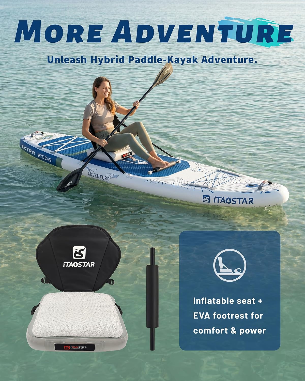 iTAOSTAR Adventure 12' × 35'/39' Inflatable Stand Up Paddle Board with Seat, Extra Wide SUP Board with 5 Fins Stable Design for Adults, Youth, All Skill Levels, Lakes, Oceans & Fishing
