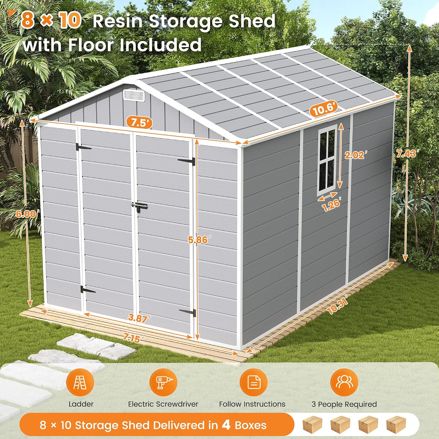 UDPATIO Storage Shed 8 x 10 FT, Resin Sheds & Outdoor Storage with Floor Large Clearance Outdoors Plastic Garden Tool Shed Tuff Outside Cottage Shed with Lockable Door for Bike, Garbage Gray White