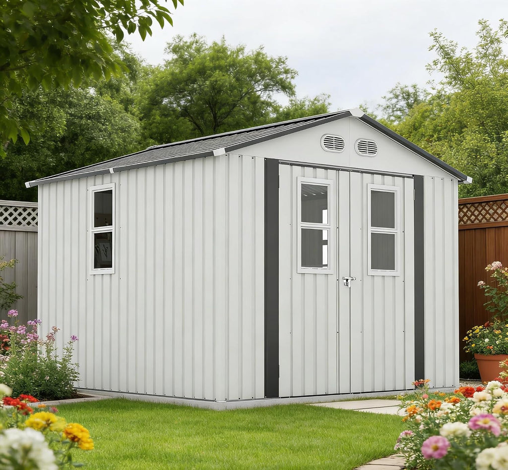 8x8 FT Outdoor Storage Shed:Heavy-Duty Metal Garden Sheds & Outdoor Storage Solution with 4 Daylight Windows,Lockable Doors,Waterproof&UV-Resistant,Shed for Backyard Tool Storage (White)