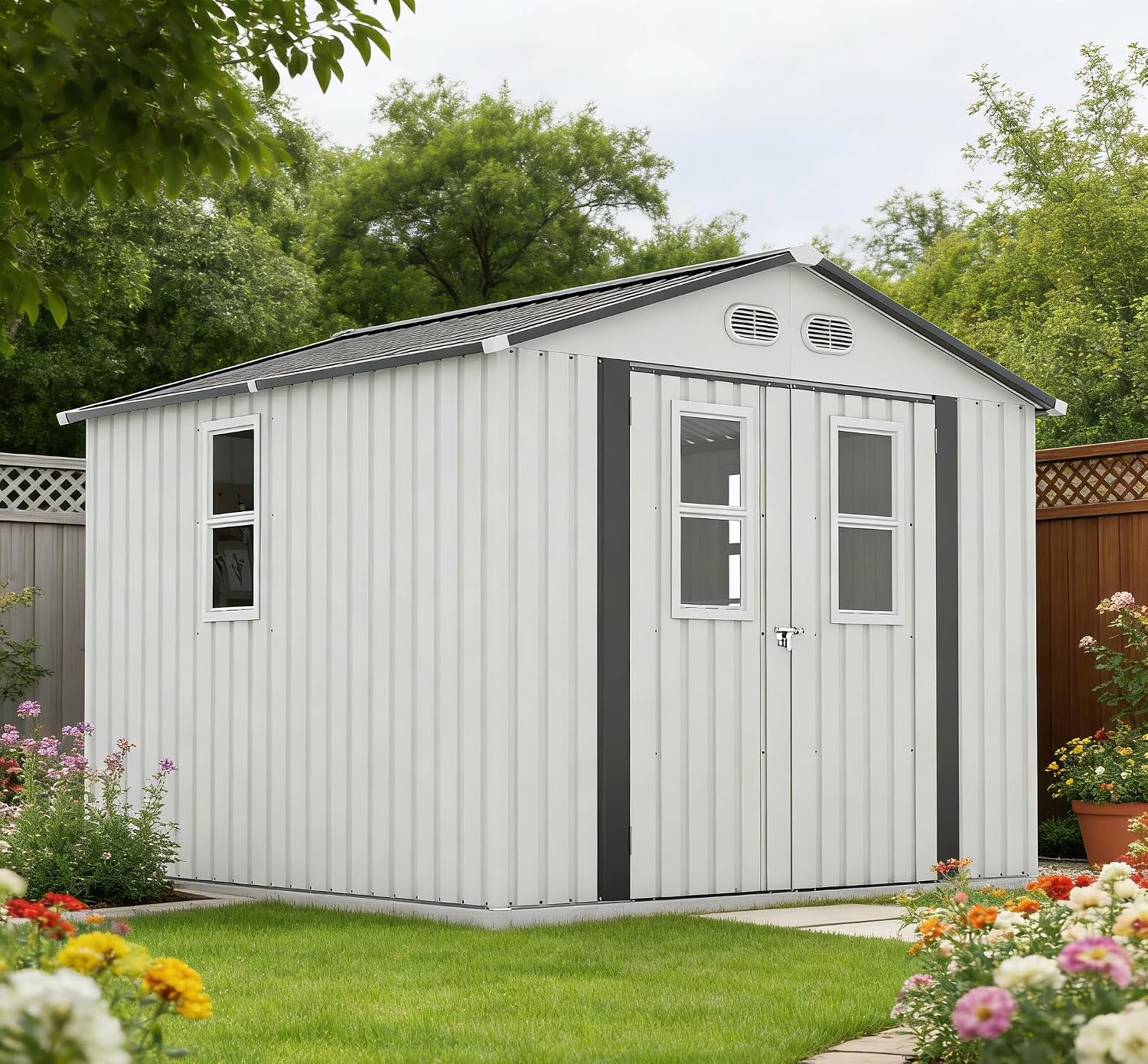 8x8 FT Outdoor Storage Shed:Heavy-Duty Metal Garden Sheds & Outdoor Storage Solution with 4 Daylight Windows,Lockable Doors,Waterproof&UV-Resistant,Shed for Backyard Tool Storage (White)