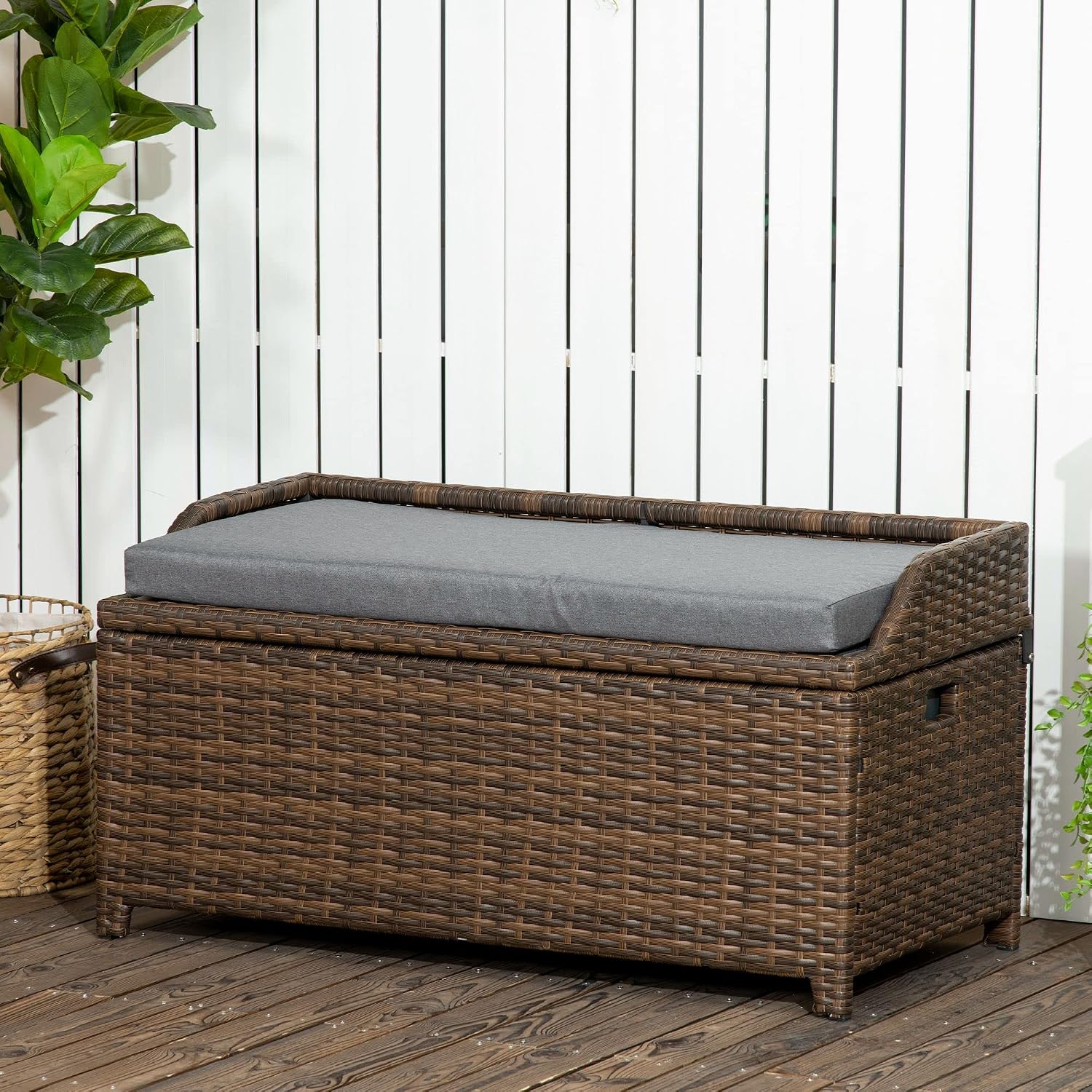 Outsunny 38 Gallon Outdoor Wicker Storage Bench Deck Box, PE Rattan Patio Furniture Pool Storage Bin Container with Interior Waterproof Cloth Bag and Comfortable Cushion, Cream White
