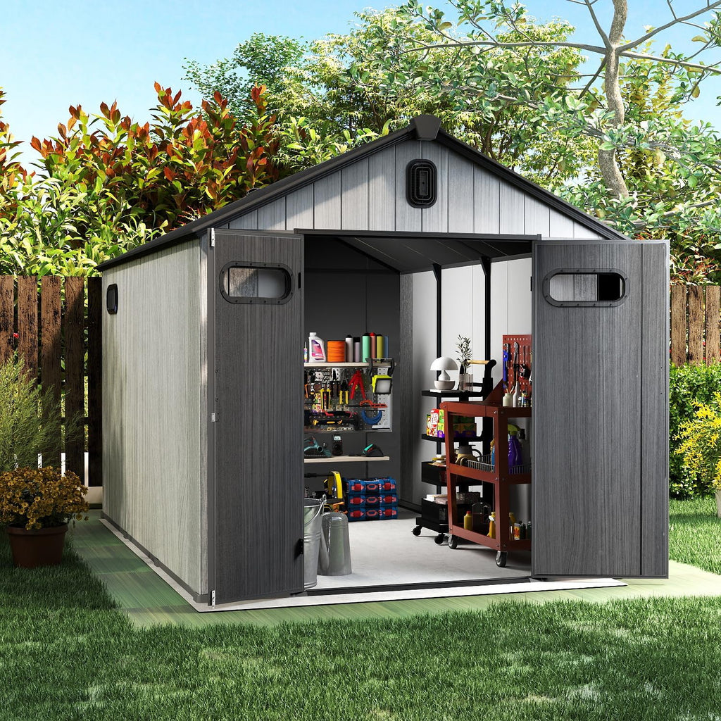 Domi 8x10Ft Resin Outdoor Storage Shed, Plastic Garden Shed with Carpet, Outside Weatherproof Storage Building for Tools, Bike, Lawn Mower, Patio, Backyard