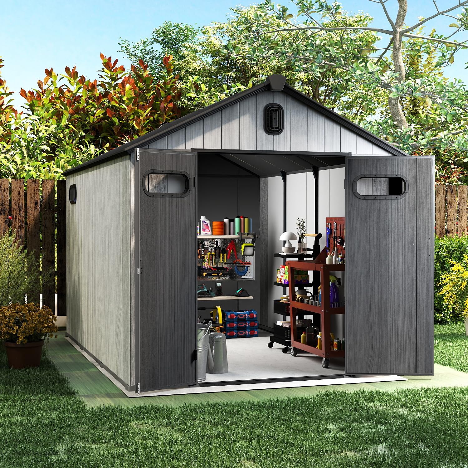 Domi 8x10Ft Resin Outdoor Storage Shed, Plastic Garden Shed with Carpet, Outside Weatherproof Storage Building for Tools, Bike, Lawn Mower, Patio, Backyard