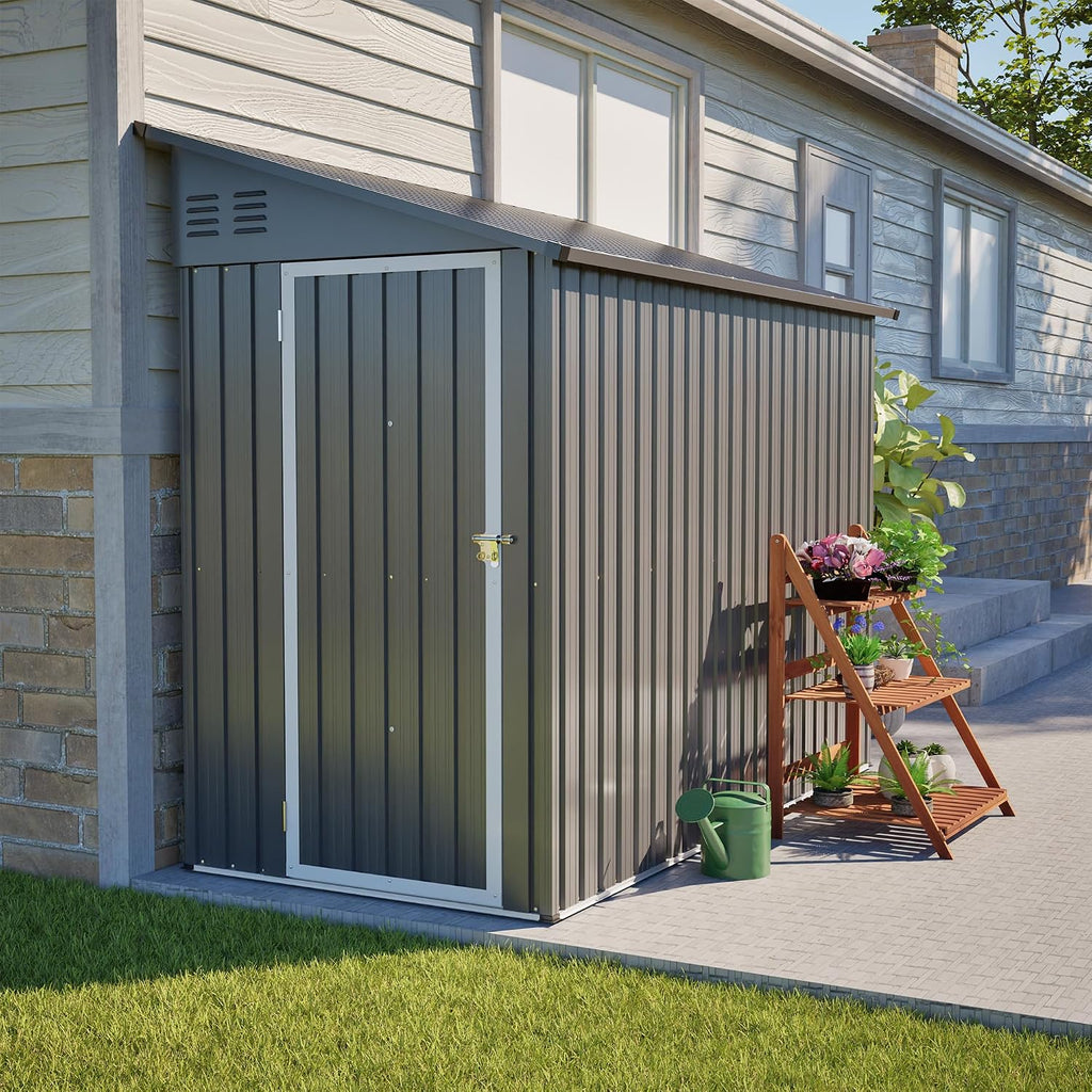 Outdoor Metal Storage Shed 4 x 8 ft, Garden Shed Lean to shed for Bike, Tool Outside Shed with Floor Base, Lock, Door for Backyard, Patio, Lawn, Grey