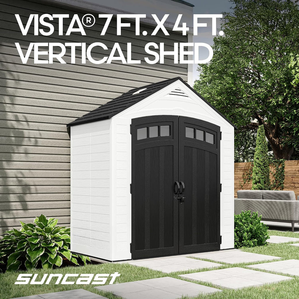 Suncast 7x4 Ft. Vista Vertical Resin Shed - Outdoor Storage Shed with Floor, Double Doors, IllumiVent™ Ventilation, Reinforced Resin Panels - Ideal for Ladders, Long-Handled Tools, & Garden Equipment
