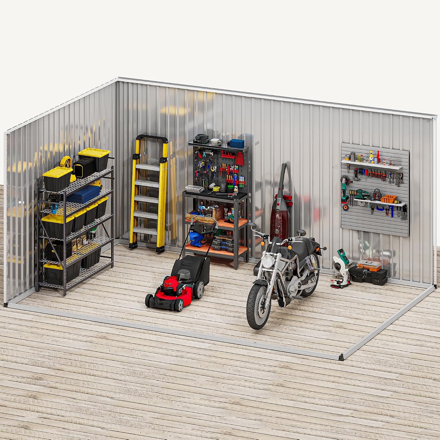 DWVO 12' x 8' Outdoor Storage Shed, Waterproof Metal Garden Shed with Windows, Lockable Doors, and Sloped Roof for Patio, Backyard, Lawn, Tool Storage, Bike Shed, Pet Shelter (Gray + White)