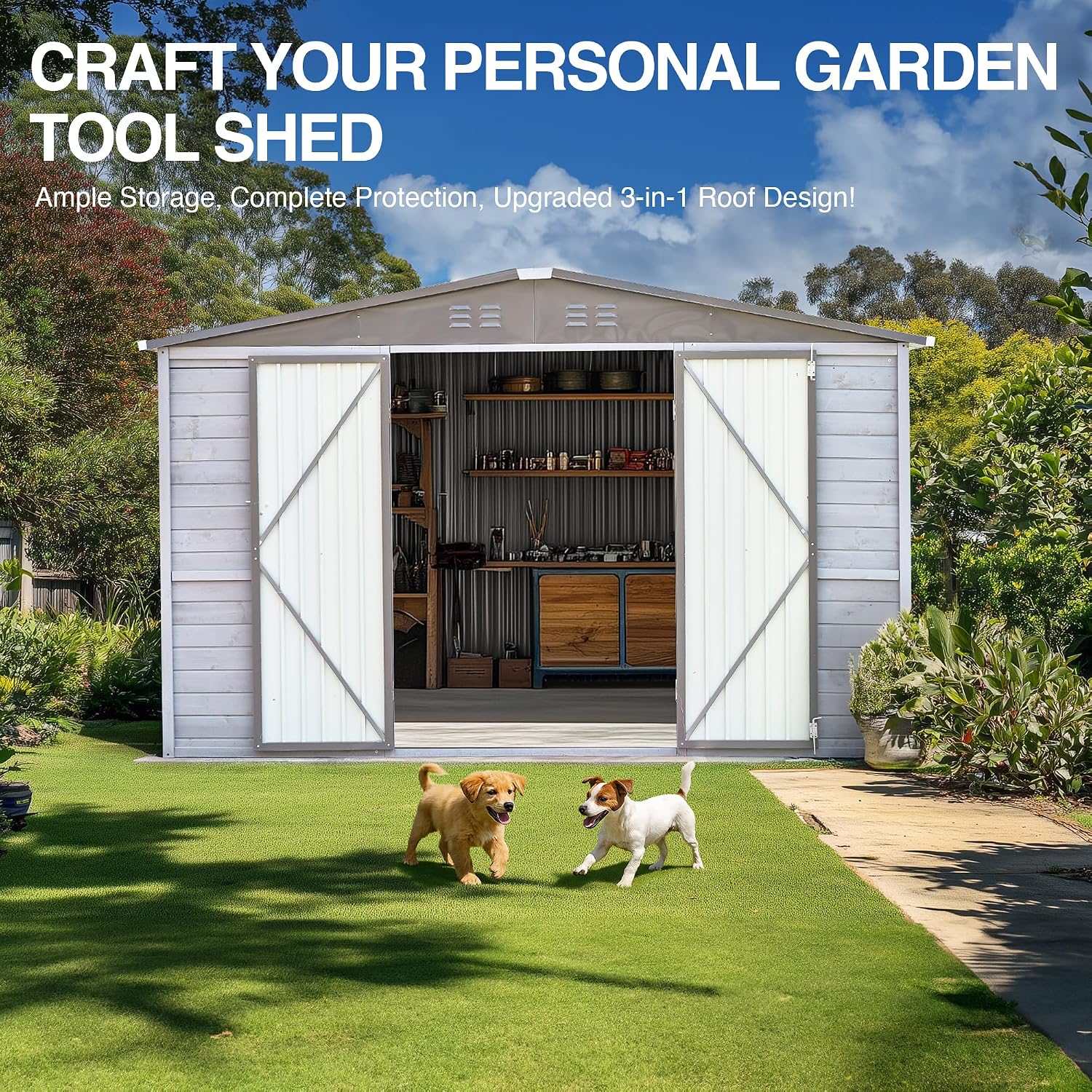 10x8 FT Wood Storage Shed, Outdoor Storage Shed with Lockable Door, Window and Vents, Waterproof Wooden Metal Tool Storage for Garden, Patio, Lawn, Backyard (Gray)