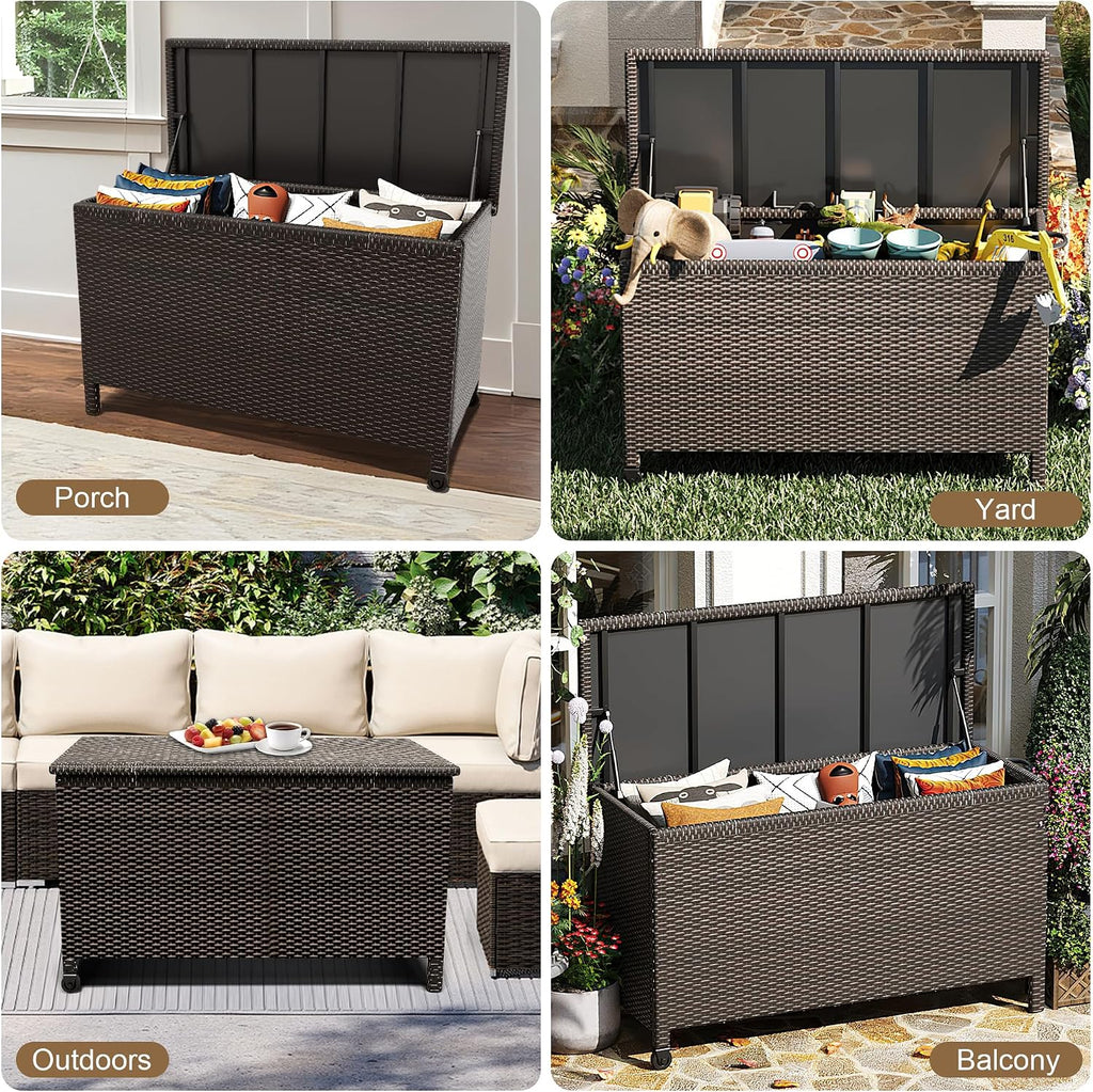 Wicker Deck Box, 125 Gallon All-Weather Outdoor Storage Box, Rattan Storage Bin for Patio Furniture, Outdoor Cushions, Pool Storage and Garden Tools, Brown