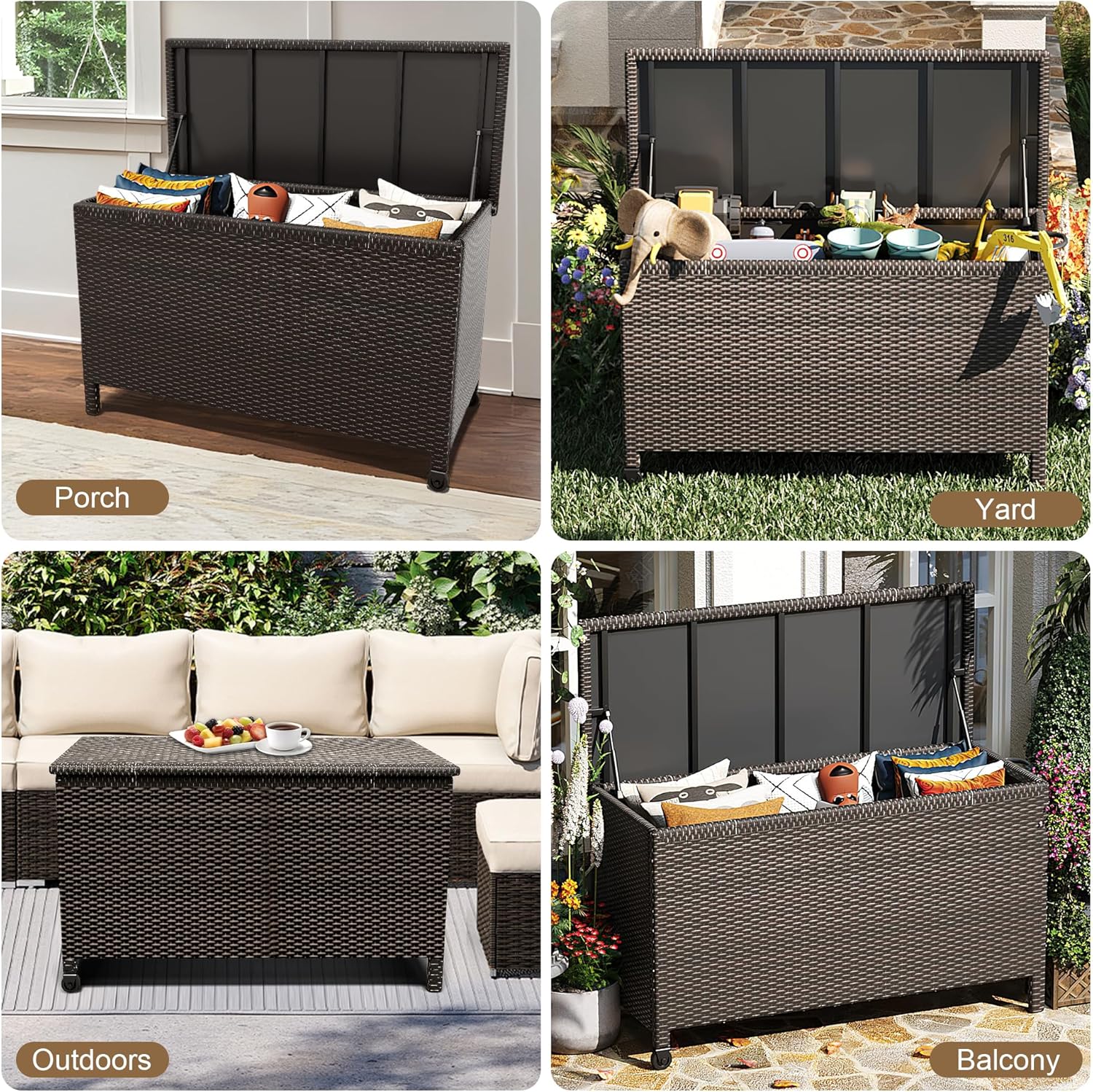 Wicker Deck Box, 185 Gallon All-Weather Outdoor Storage Box, Rattan Storage Bin for Patio Furniture, Outdoor Cushions, Pool Storage and Garden Tools, Brown