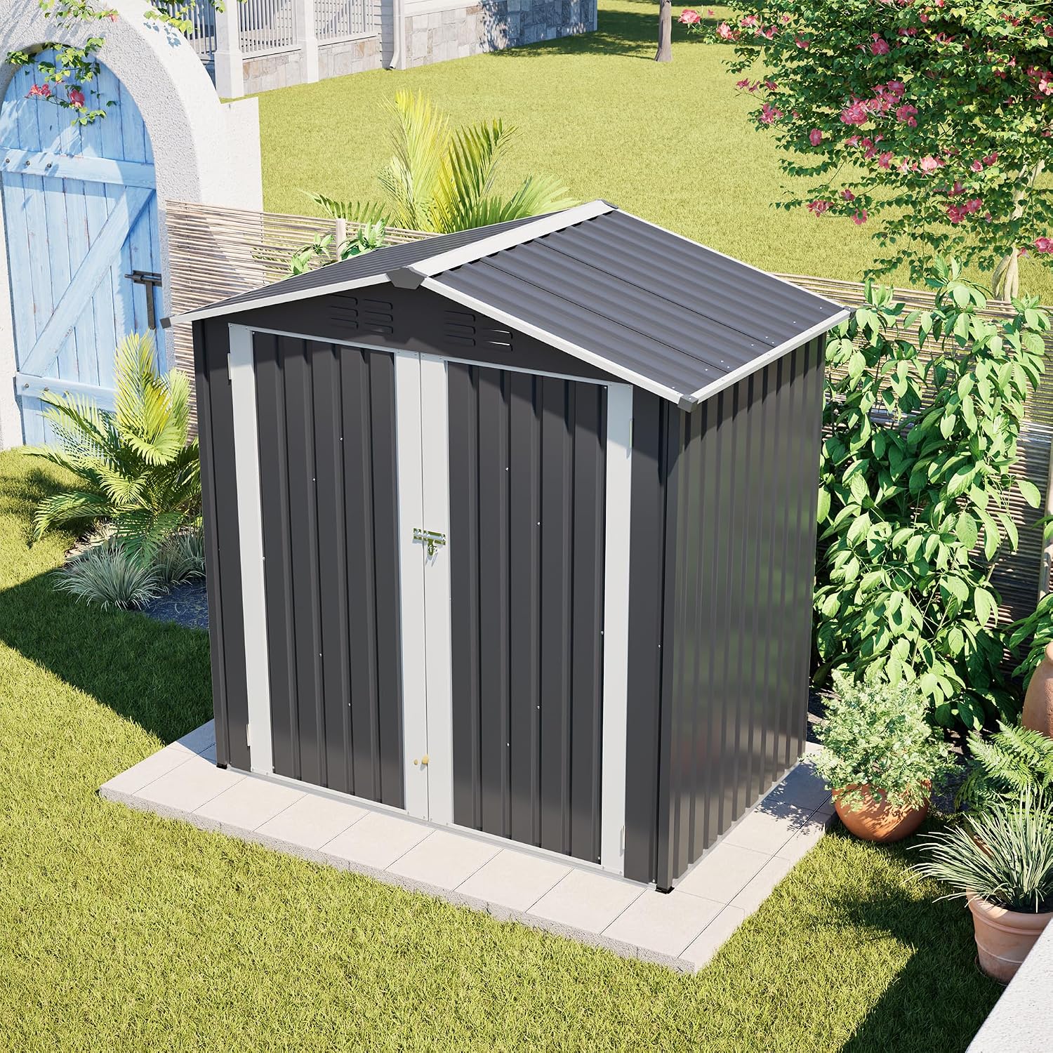 4×6 Ft Metal Outdoor Storage Shed with Floor Base, 0.25mm Galvanized Steel Metal Garden Shed Waterproof with Lockable Door for Backyard, Patio, Garden, Dark Grey