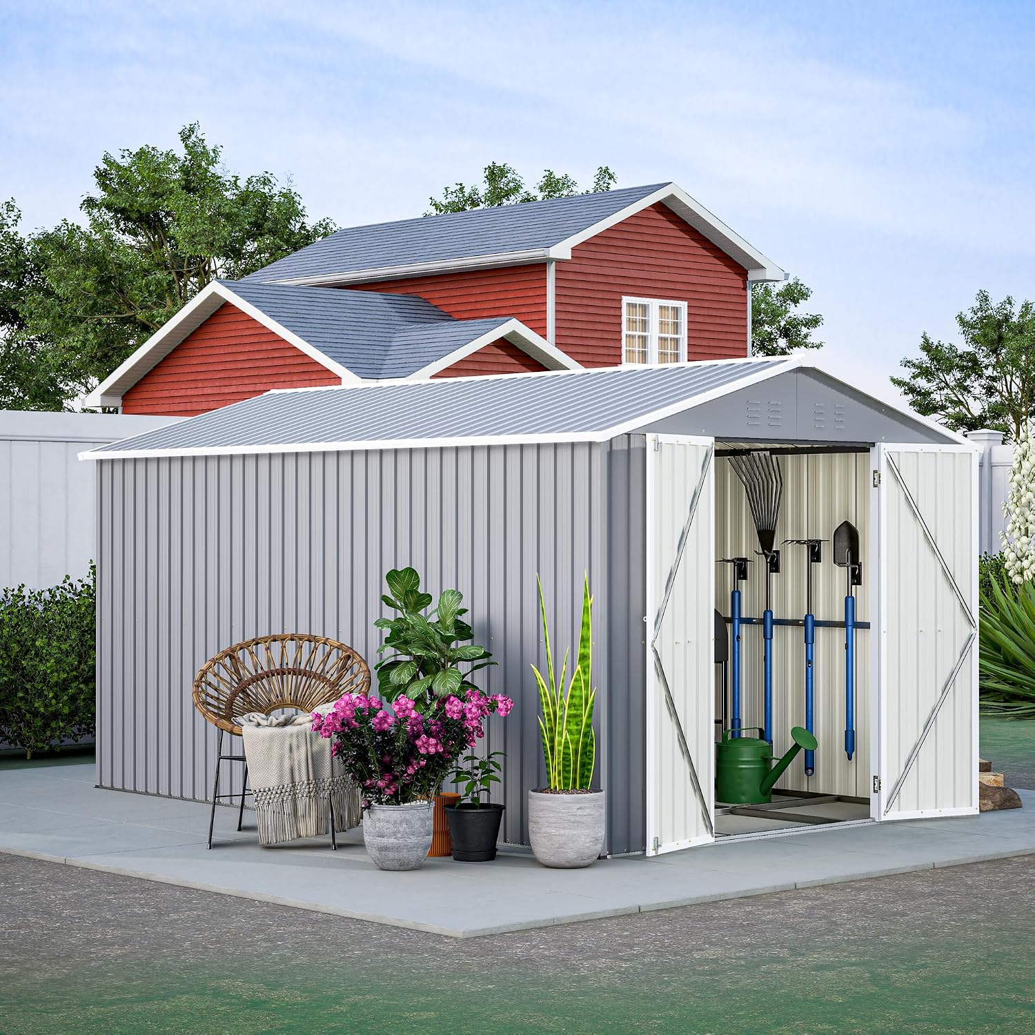 YOPTO 8x12 FT Outdoor Storage Shed W/Floor Frame,Metal Shed W/Double Lockable Doors,Garden Tool House W/ 2 Vents & Sloped Roof,for Backyard Patio Lawn,Gray