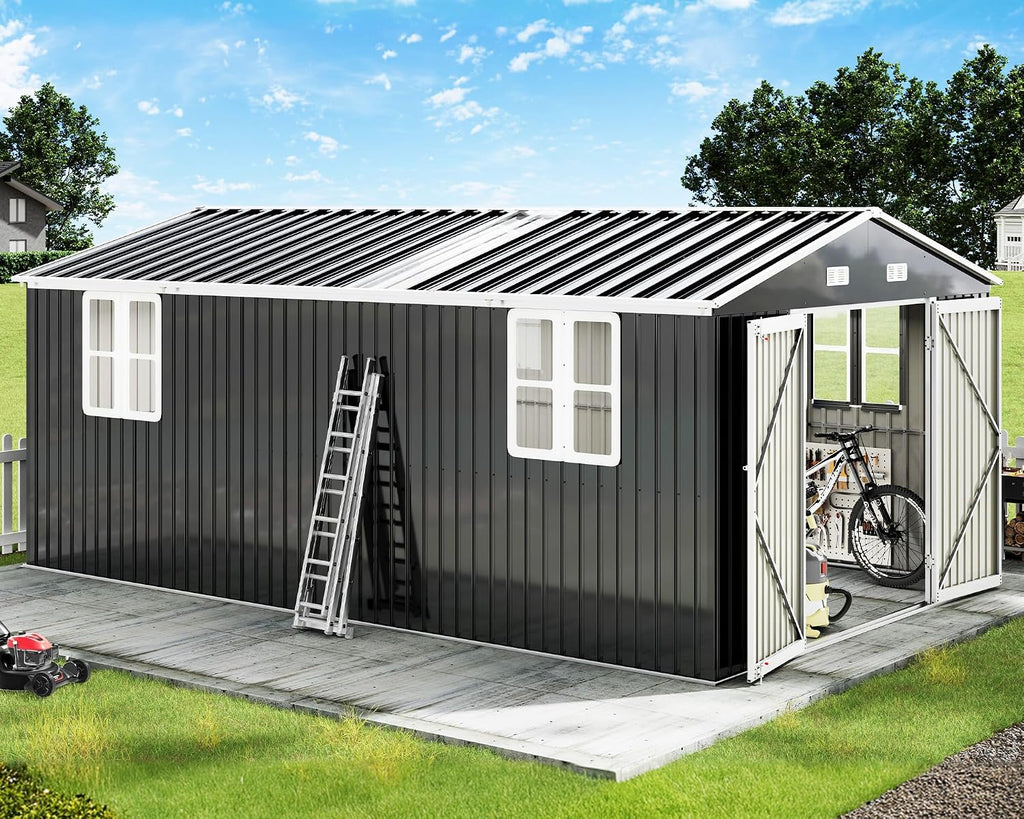 AMERLIFE 10x16x7 FT Outdoor Storage Shed with 2 Transparent Panels, Metal Garden Shed with Hinged Double Doors, 4 Windows & 4 Vents, Reinforced Steel Frame for Backyard, Garden, Dark Gray