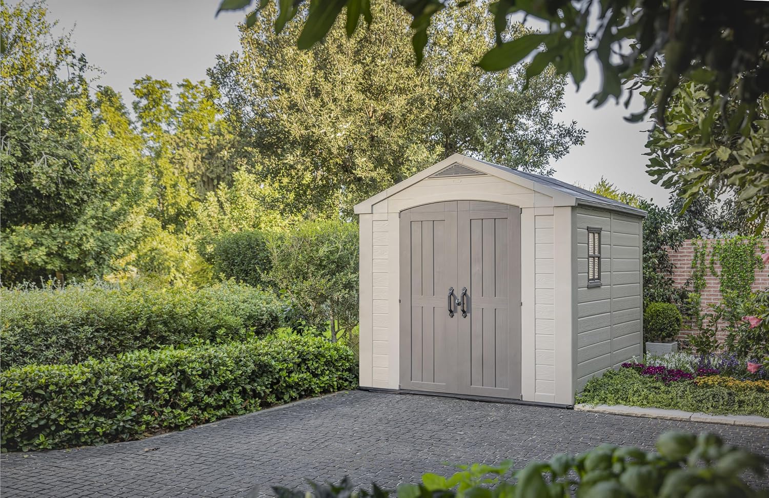Keter Factor 8x8 Ft All-Weather Storage Shed with Skylight, Window, Built-in Ventilation, Customizable Walls, & Lockable Double Doors, Brown