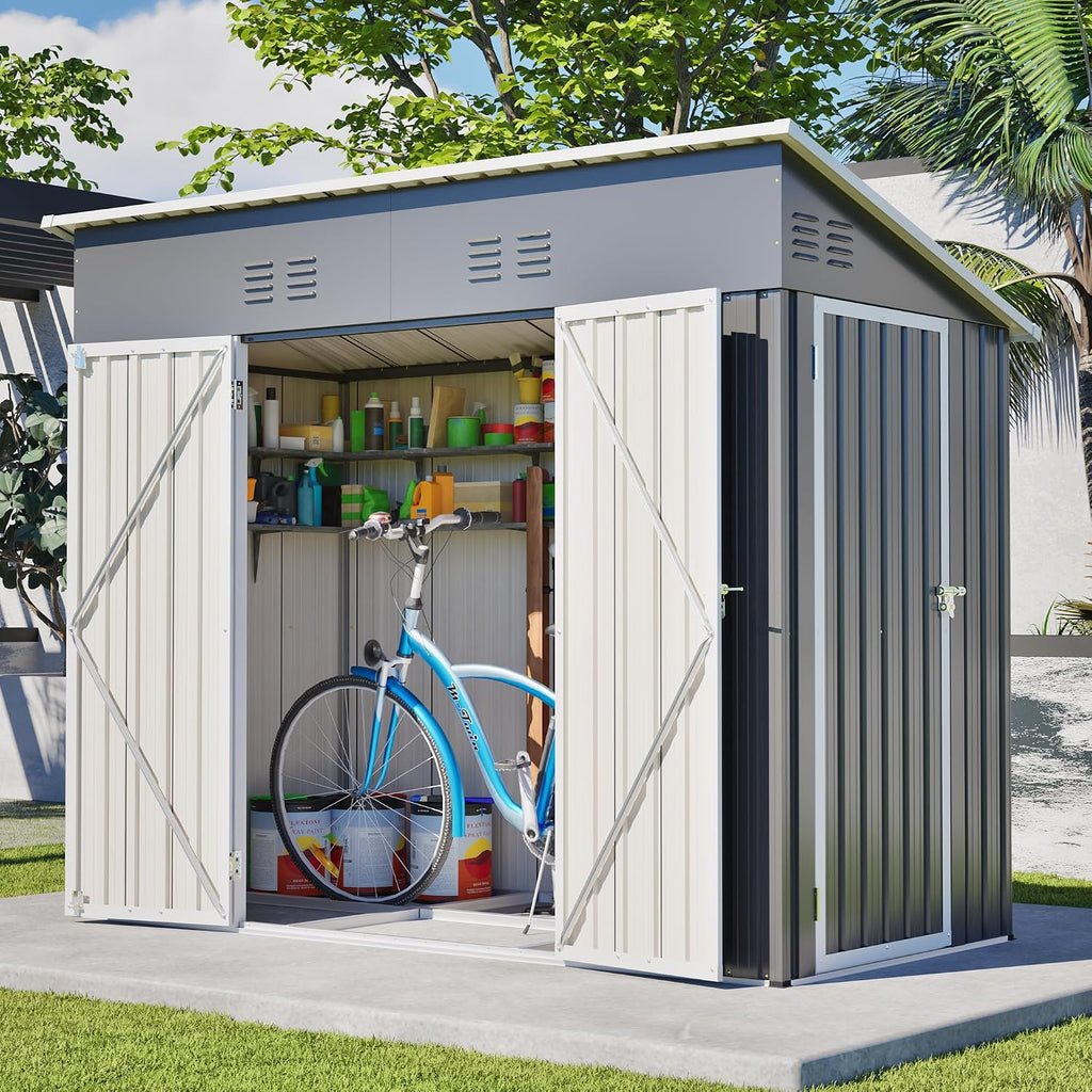 4' x 8' Metal Shed with Two Doors,Outdoor Lean to Storage Shed, Garden Tool Storage Cabinet for Backayrd, Patio and Outdoor Use,Grey
