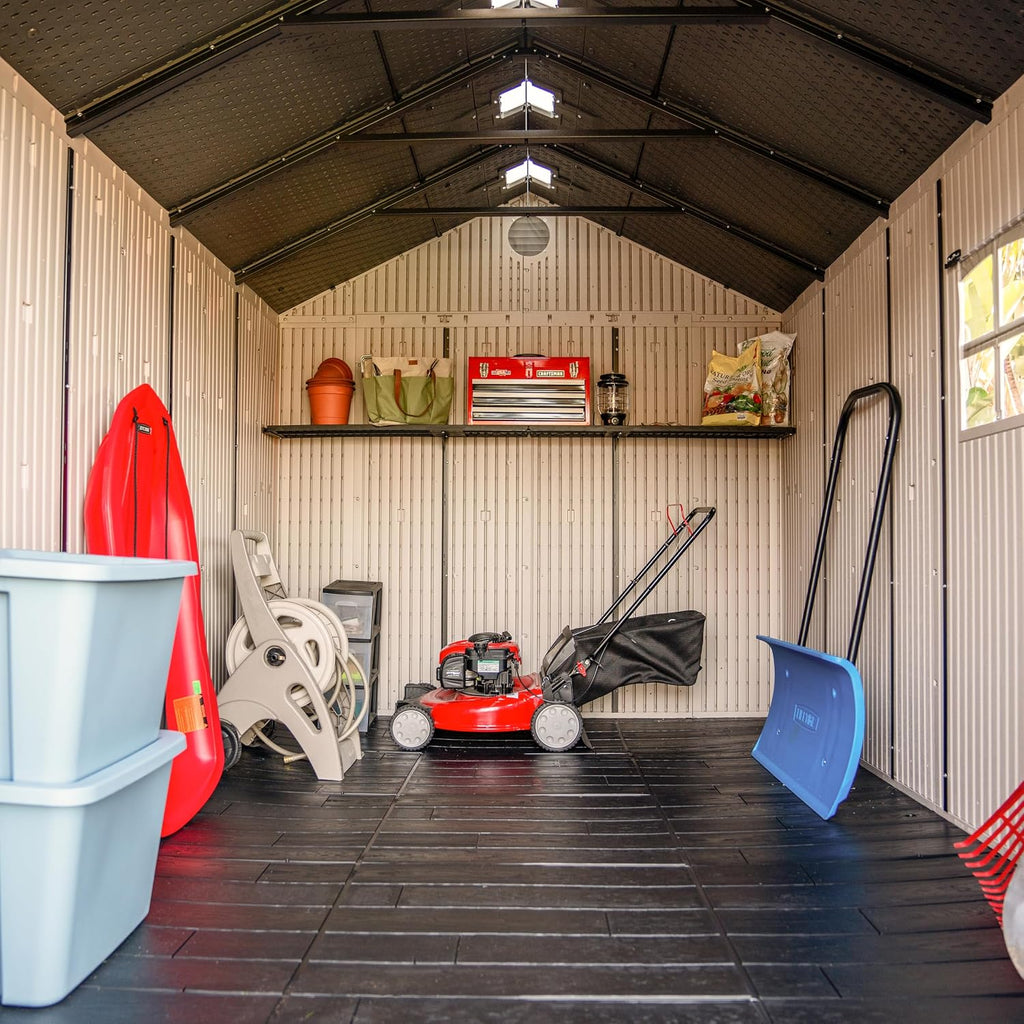 Lifetime Outdoor Storage Shed, 8x15 Ft, Desert Sand, Resin Backyard Tool Shed with Lockable Doors and Weather-Resistant Panels