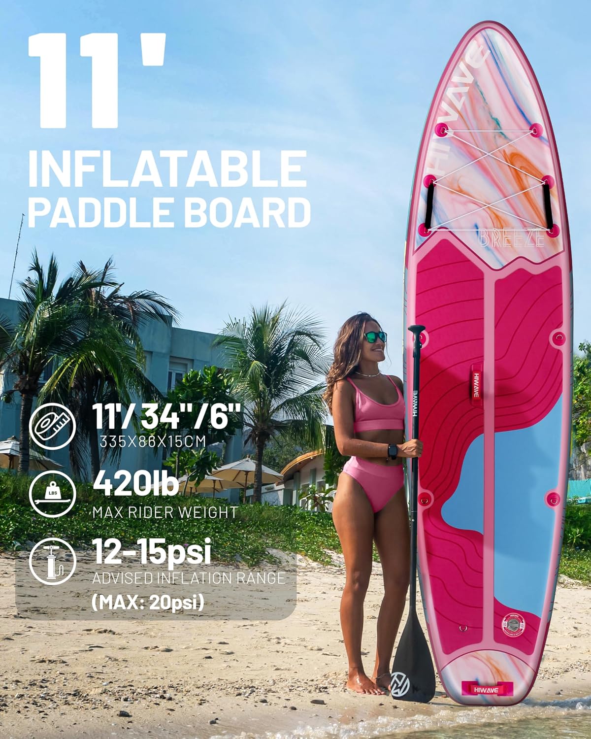 Hiwave Inflatable Stand Up Paddle Board 11'*34'*6' Sup Board, 420lbs Capacity Adult&Youth Paddle Board, Pet Friendly for Ocean&Lake, w/Double Action Hand Pump
