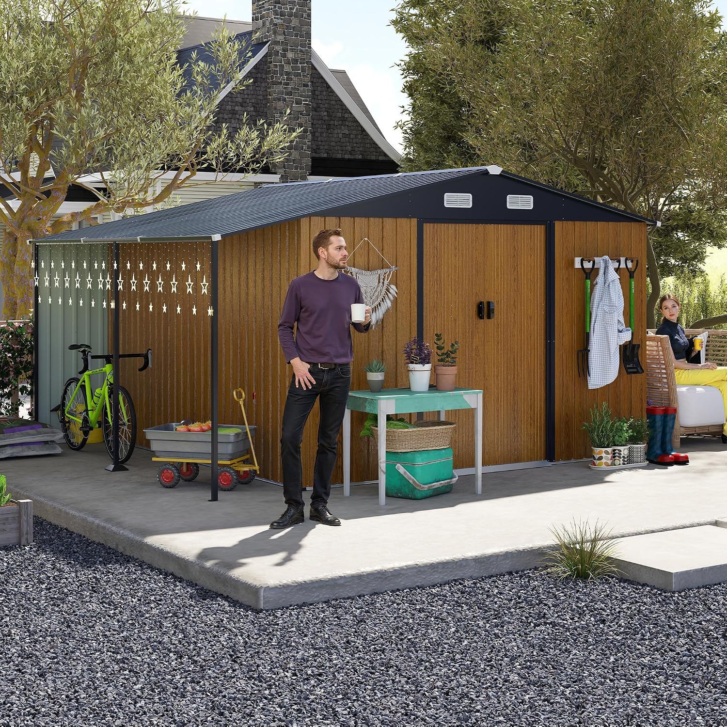 YOPTO 10x12 FT Outdoor Storage Shed,Extra Large Metal Garden Tool Shed with Lockable Doors,Windows & Air Vents,Dual-Zone Design Outside Steel Tiny House for Backyard, Patio Lawn,Yellow