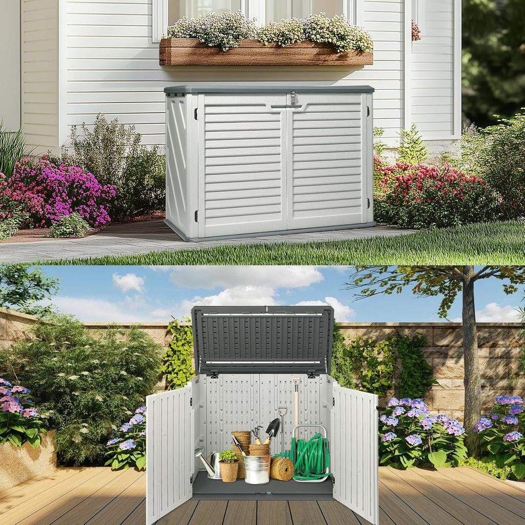VINGLI Outdoor Storage Shed, Resin Storage Cabinet with Lockable Design, Weatherproof Tool Shed with HDPE Material, Resin Deck Box for Garden Tools, Pool Equipment, Garbage Cans, White (31.5 Cu.ft)