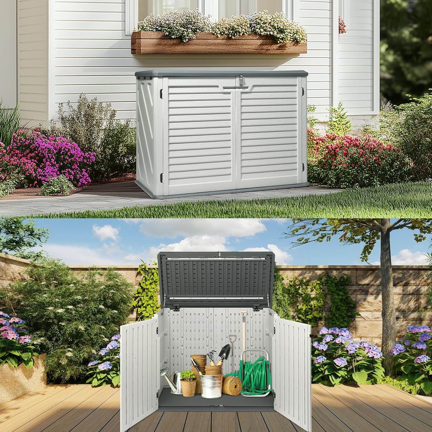 VINGLI Outdoor Storage Shed, Resin Storage Cabinet with Lockable Design, Weatherproof Tool Shed with HDPE Material, Resin Deck Box for Garden Tools, Pool Equipment, Garbage Cans, White (31.5 Cu.ft)