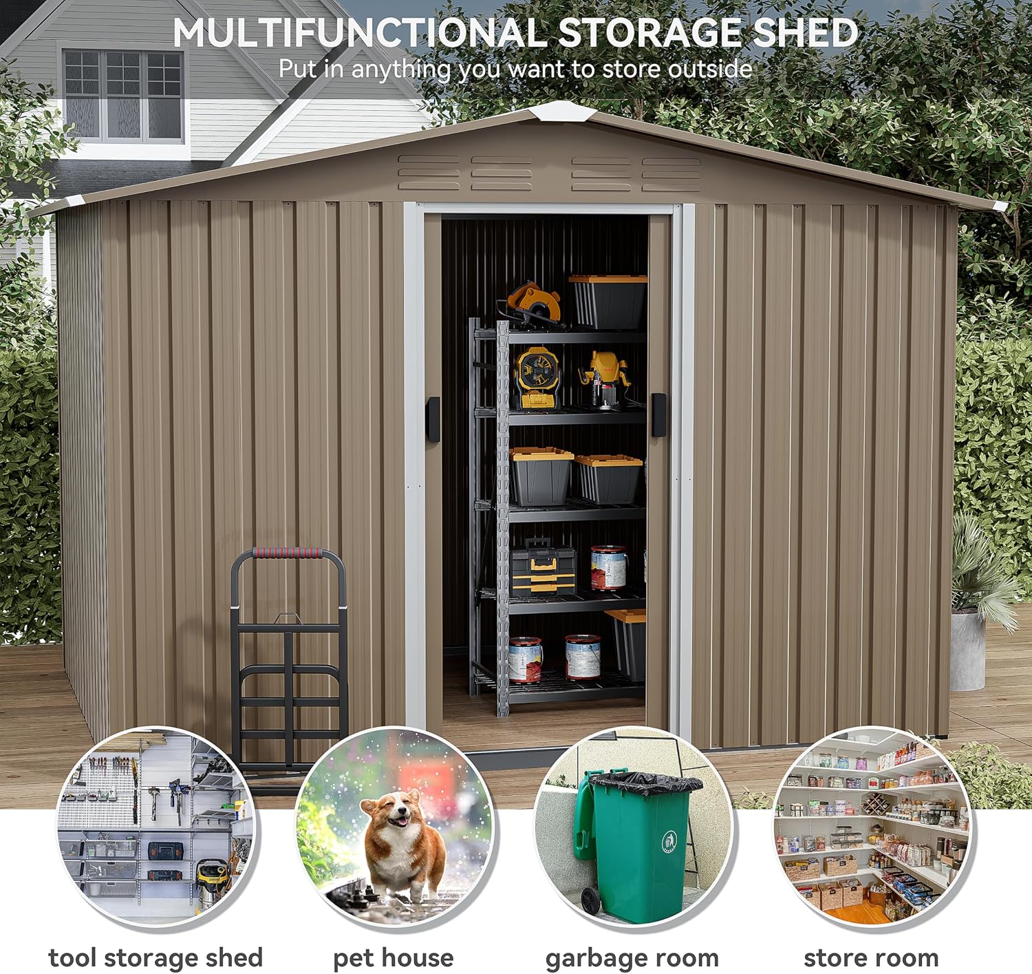 Kurapika Outdoor Storage Shed, 8x6FT Large Metal Tool House with Opening and Lockable Door, for Garden, Patio, Backyard, Lawn