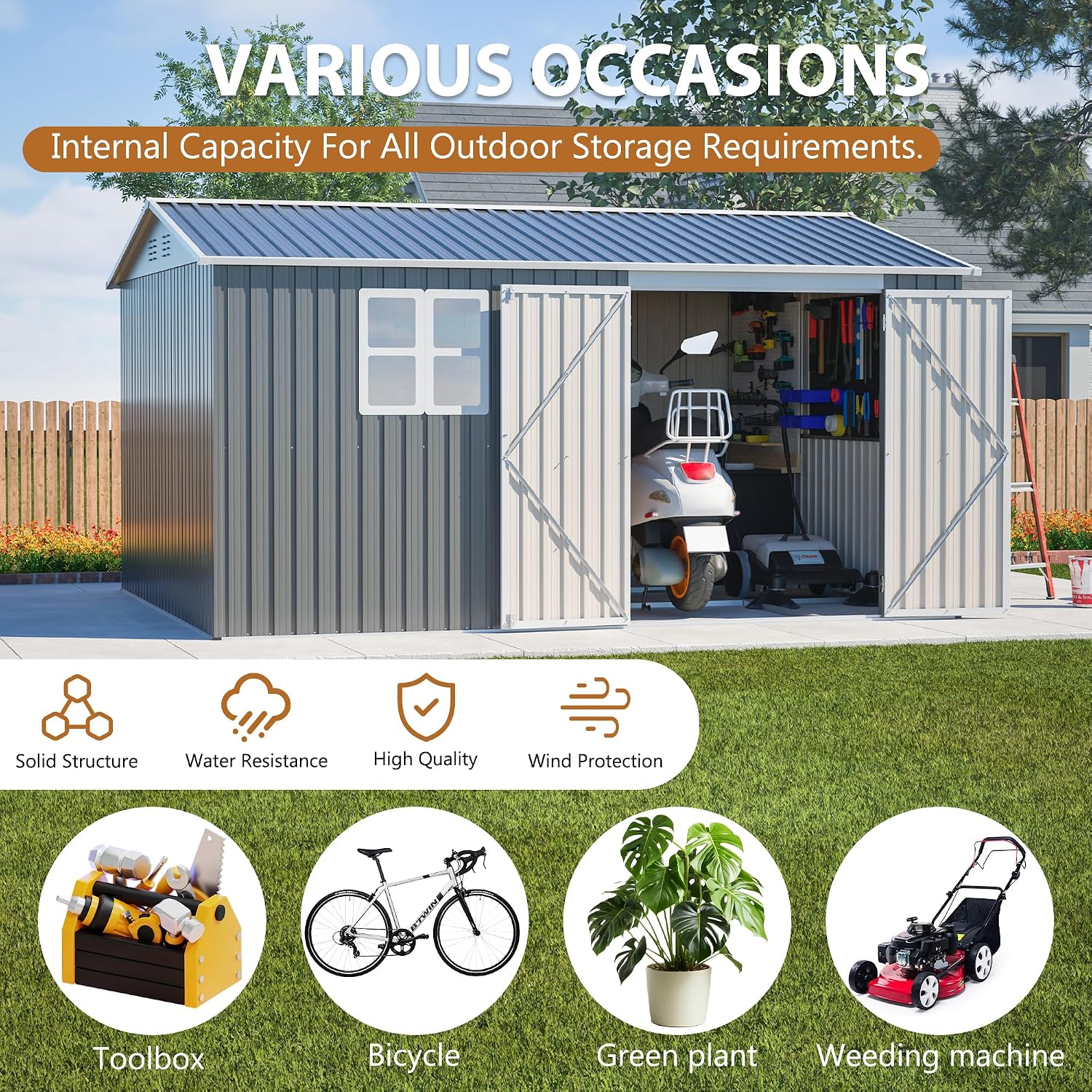 10x12 FT Outdoor Metal Storage Shed, Large Garden Tool Shed with Window & Metal Frame Floor for Patio Storage