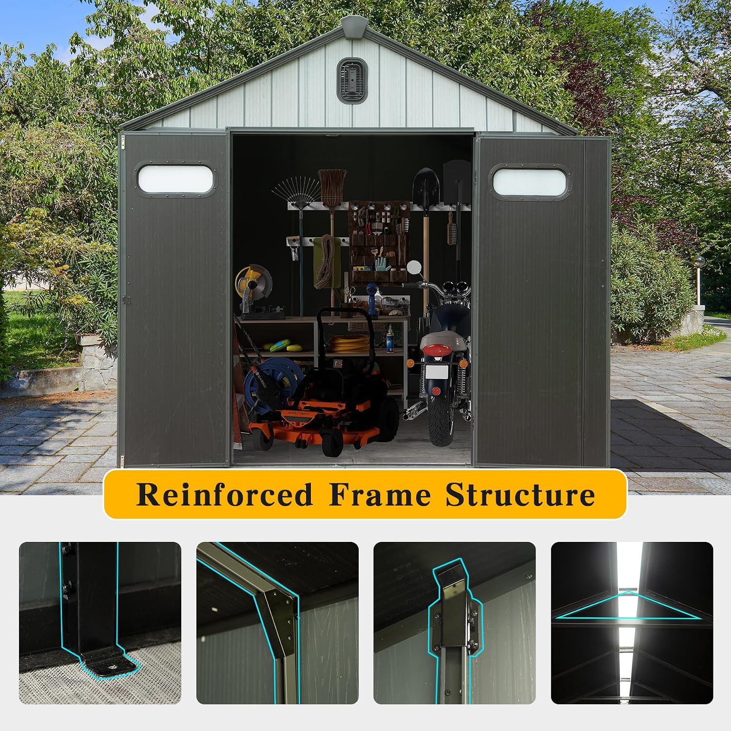 Domi 8x6FT Resin Outdoor Storage Shed with Lockable Door, Waterproof Outside Sheds with Windows & Vents, Heavy-Duty Plastic Tool Storage Shed for Patio Furniture, Lawn Mower, Bike