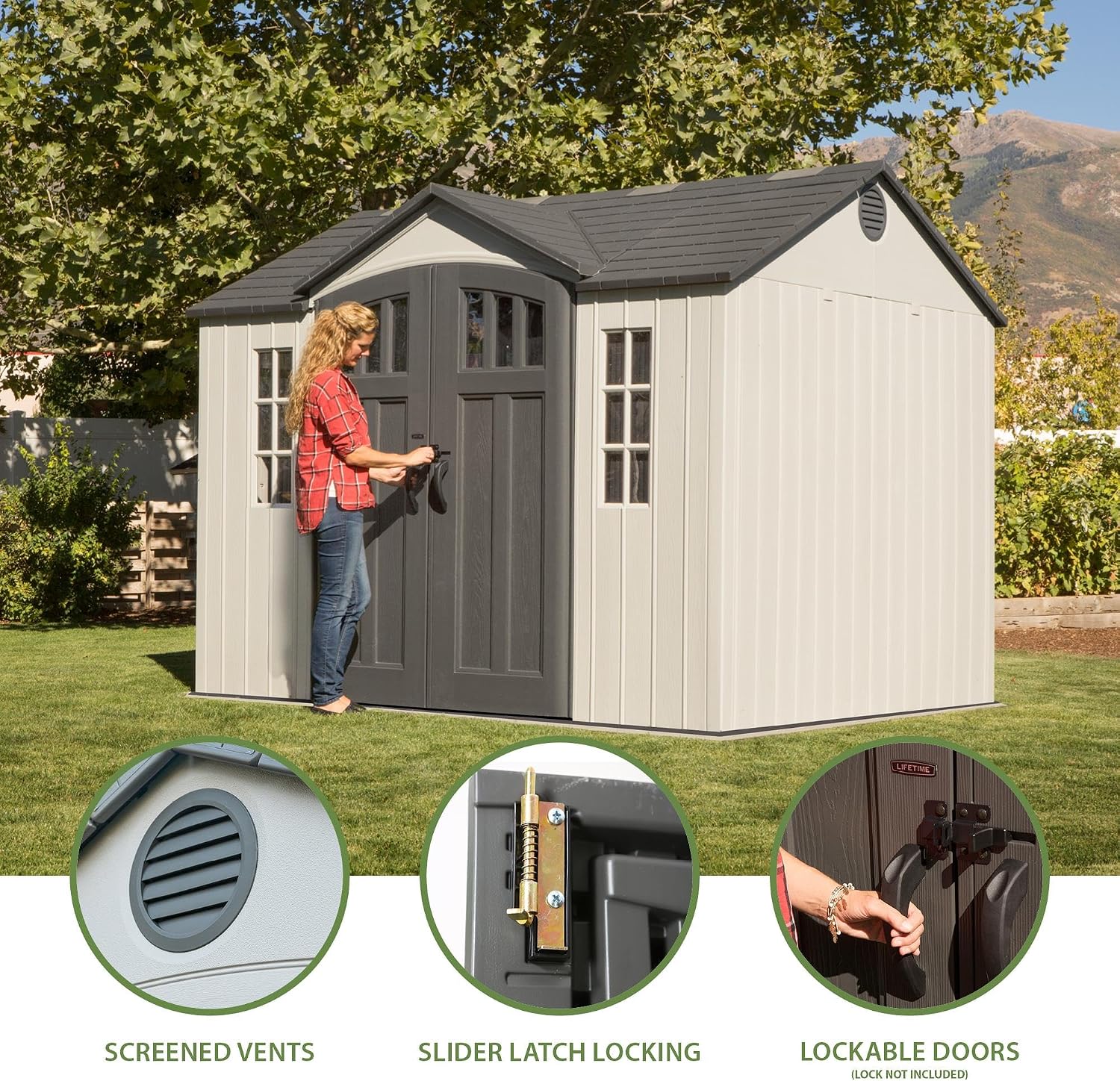 Lifetime 10×8 Ft. Outdoor Storage Shed, Dual‑Wall HDPE with Steel‑Reinforced Structure, Side‑Entry Doors with Windows, Skylight, Screened Vents, Adjustable Shelves, Slip‑Resistant Floor, UV‑Protected