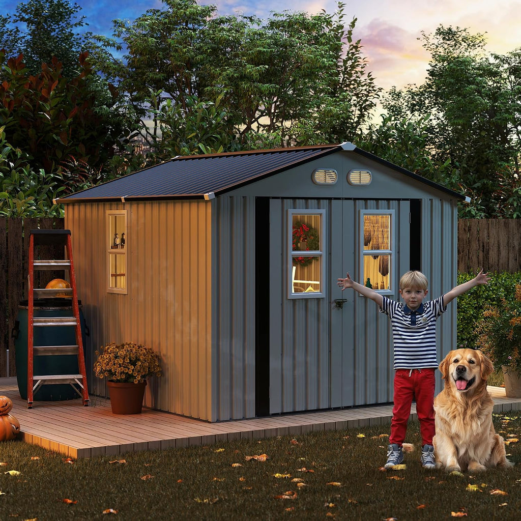 KEIKI 8x8 Outdoor Metal Storage Shed, Heavy-Duty Color Steel Construction with Protective Film, 4 Windows & Lockable Double Doors, Backyard Garden Utility Shed, White