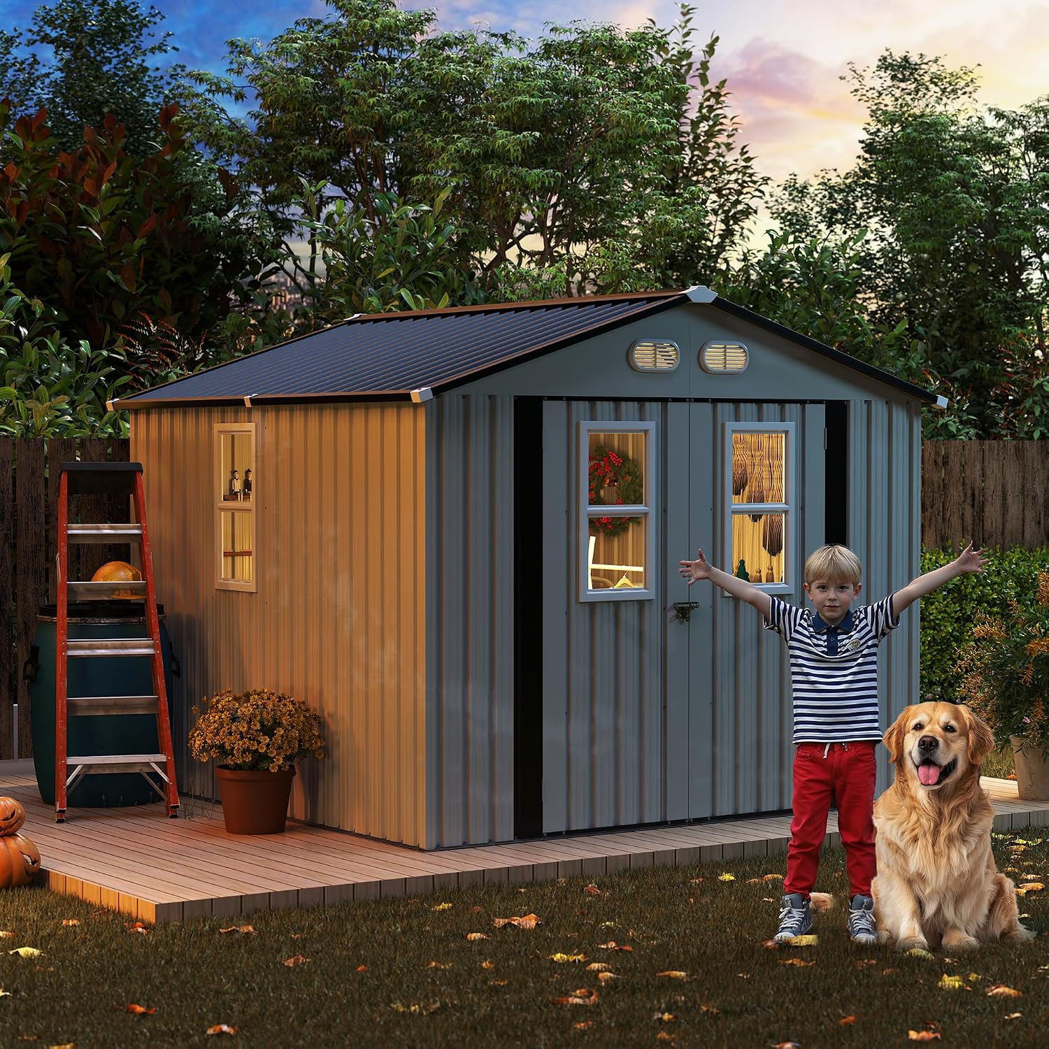 KEIKI 8x8 Outdoor Metal Storage Shed, Heavy-Duty Color Steel Construction with Protective Film, 4 Windows & Lockable Double Doors, Backyard Garden Utility Shed, White