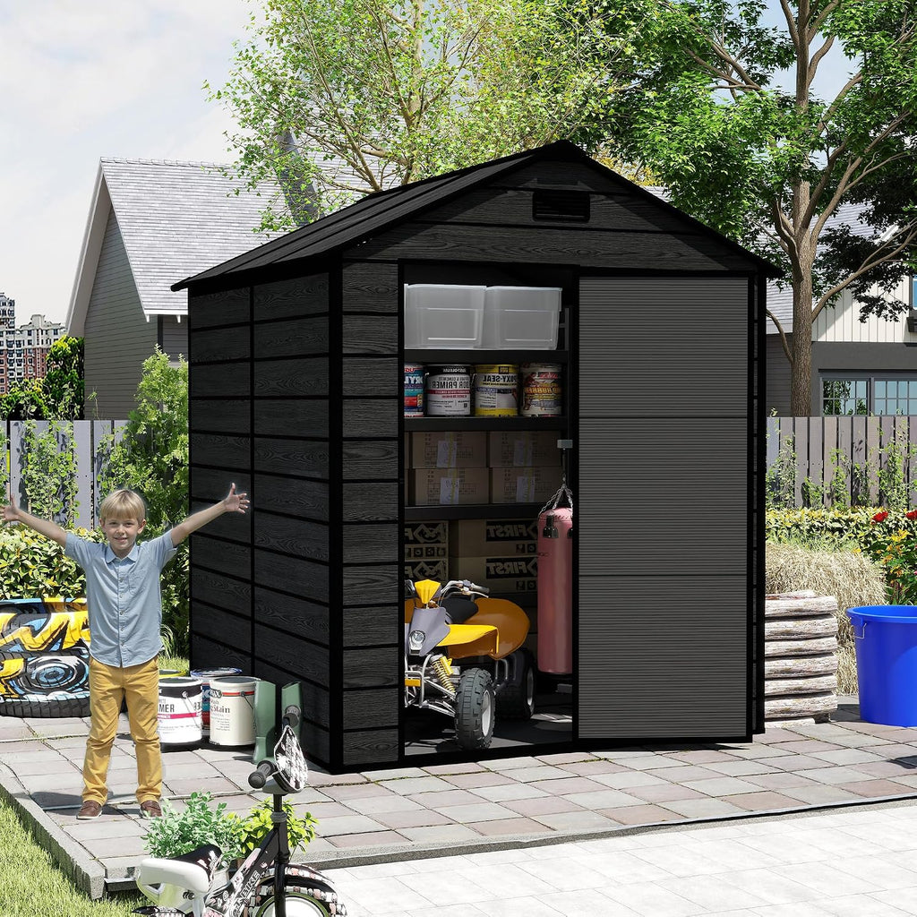 Plastic Storage Shed 6x6 Ft, Resin Outdoor Storage Shed, Garden Tool Sheds Weatherproof for Store Patio Furniture, Garden Tools Bike Accessories, Beach Chairs and Lawn Mower, Black Wood Grain
