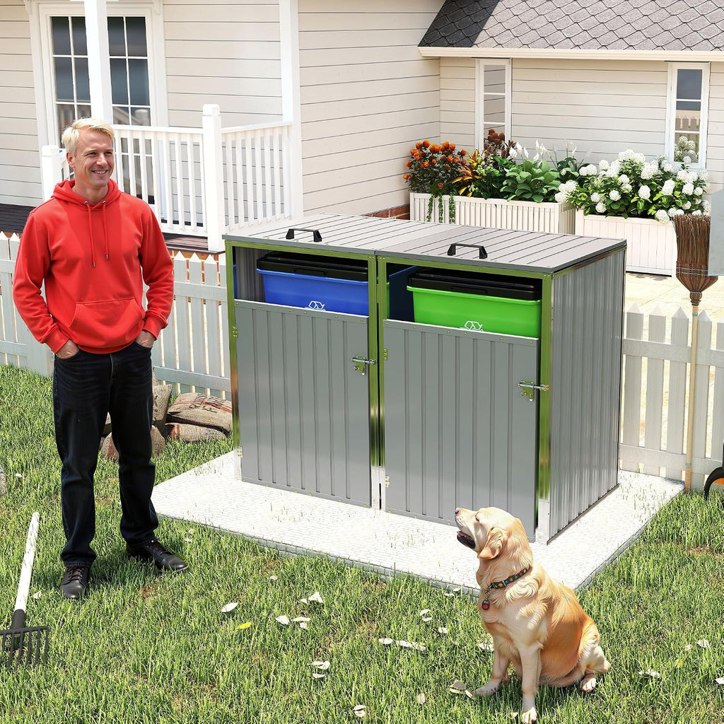 Garbage Bin Storage Shed for 2 Trash Cans, 54 Cu Ft Outdoor Metal Trash Can Enclosure, Galvanized Steel Utility Shed for Garden, Yard, Lawn, Snow Prevention，Easy Assembly (Light Gray, 2 Doors)