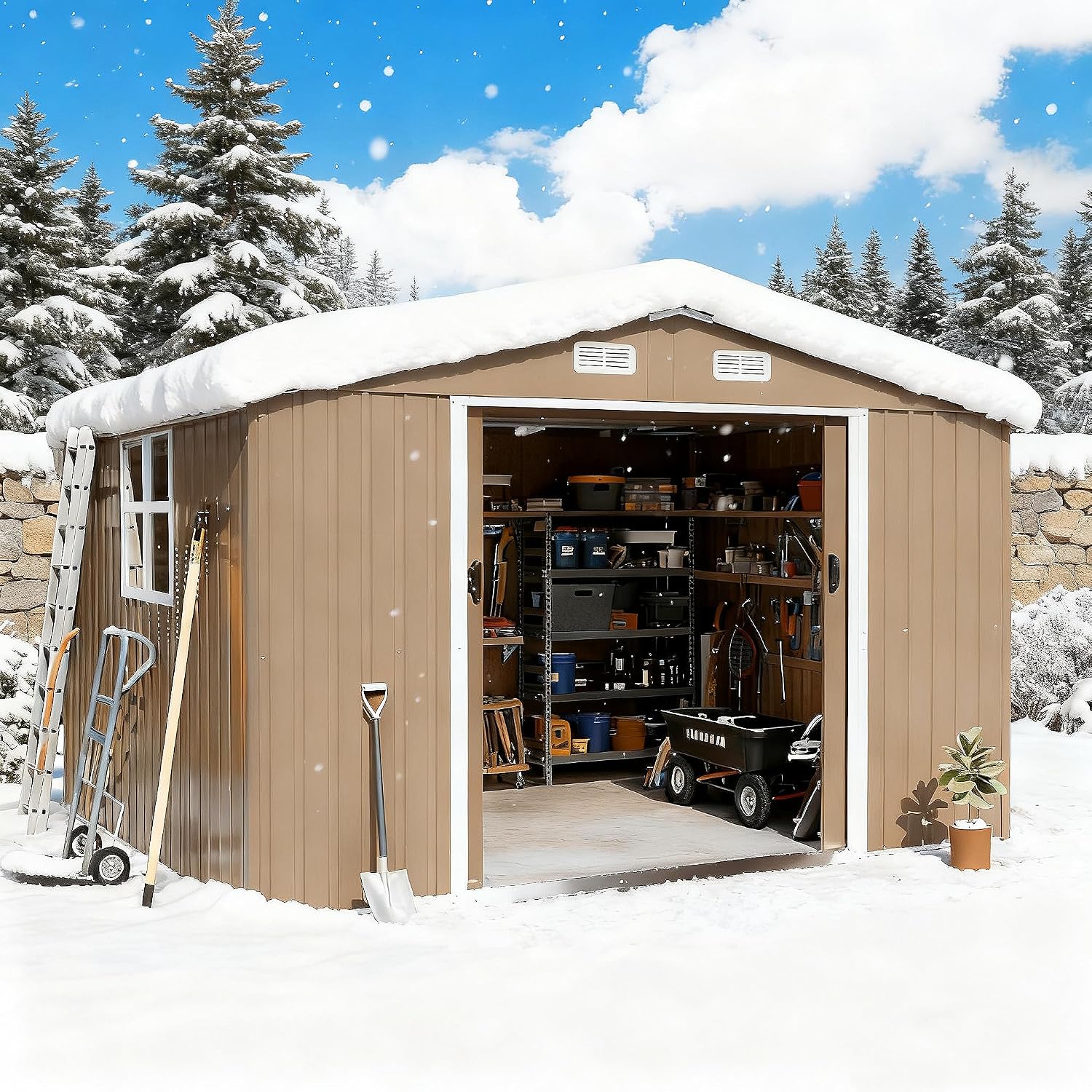 Gotland 10FT x 8FT Sheds & Outdoor Storage, Storage Shed with 1 Large Window Sloped Step, Metal Shed with 2 Lockable Slide Doors Air Vents, Outdoor Shed for Backyard Patio Lawn Brown