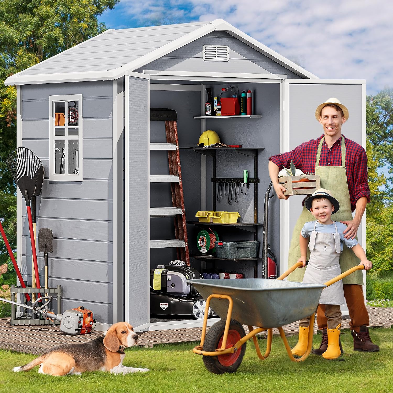 DWVO 6x4.4 FT Resin Storage Shed with Reinforced Floor, Outdoor Storage Shed with Lockable Door, Window and Vents, Waterproof Plastic Tool Storage for Garden, Backyard, Patio, Lawn