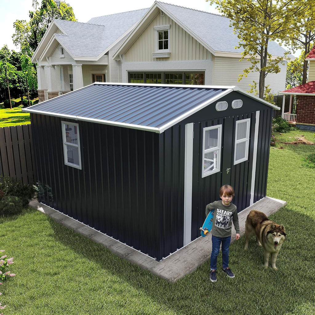 YOPTO 8x8 SF Outdoor Storage Shed,Metal Shed with Lockable Doors & 4 Daylight Windows,Garden Tool Shed w/Air Vents & Sloped Roof, Ideal for Backyard,Patio,Lawn,Dark Gray
