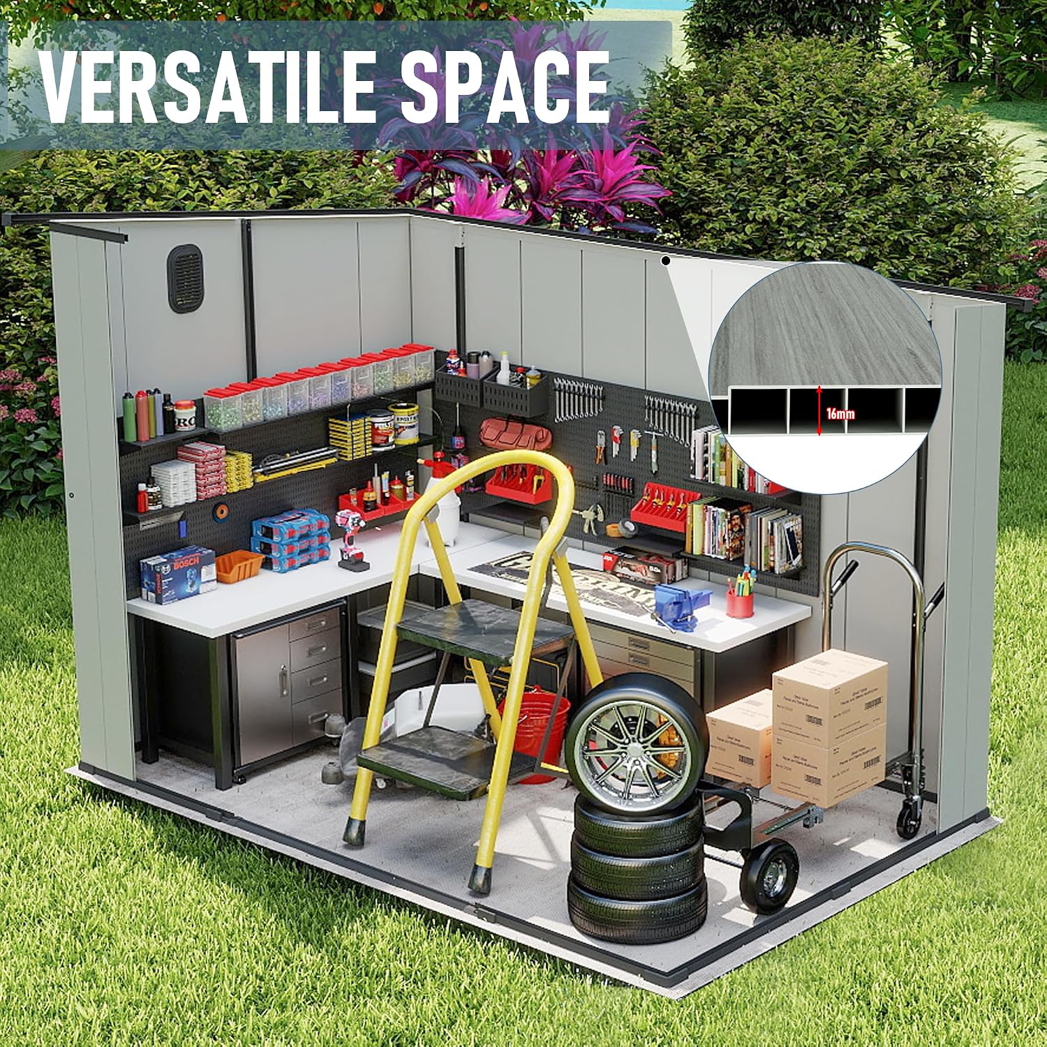 Domi 6x8FT Outdoor Resin Storage Shed, All-Weather Double-Wall Storage Building with Sloping Roof for Backyard, Garden, Lawn Tools, Mower, Bike & Pool Equipment, Lockable Doors, Ventilated Roof