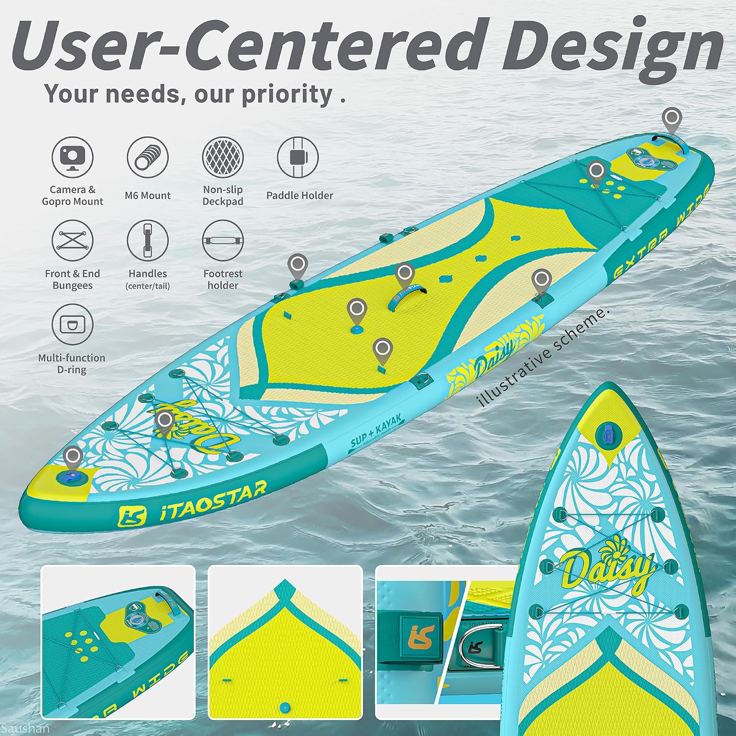 iTAOSTAR Daisy 11'6' × 35' Extra Wide Paddle Board with Seat, One-Stop Premium SUP Board Accessories, Tailored 5 Fins, Stable Stand Up Paddle Boards for Youth of All Skill Levels