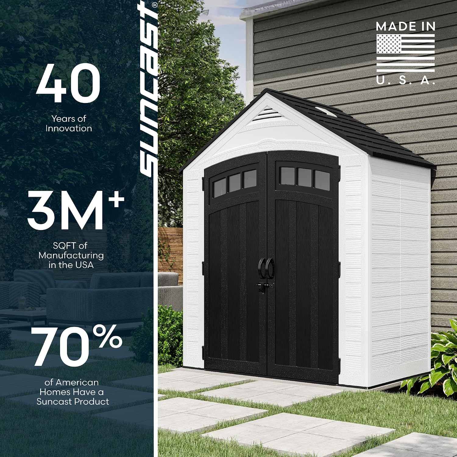 Suncast 7x4 Ft. Vista Vertical Resin Shed - Outdoor Storage Shed with Floor, Double Doors, IllumiVent™ Ventilation, Reinforced Resin Panels - Ideal for Ladders, Long-Handled Tools, & Garden Equipment
