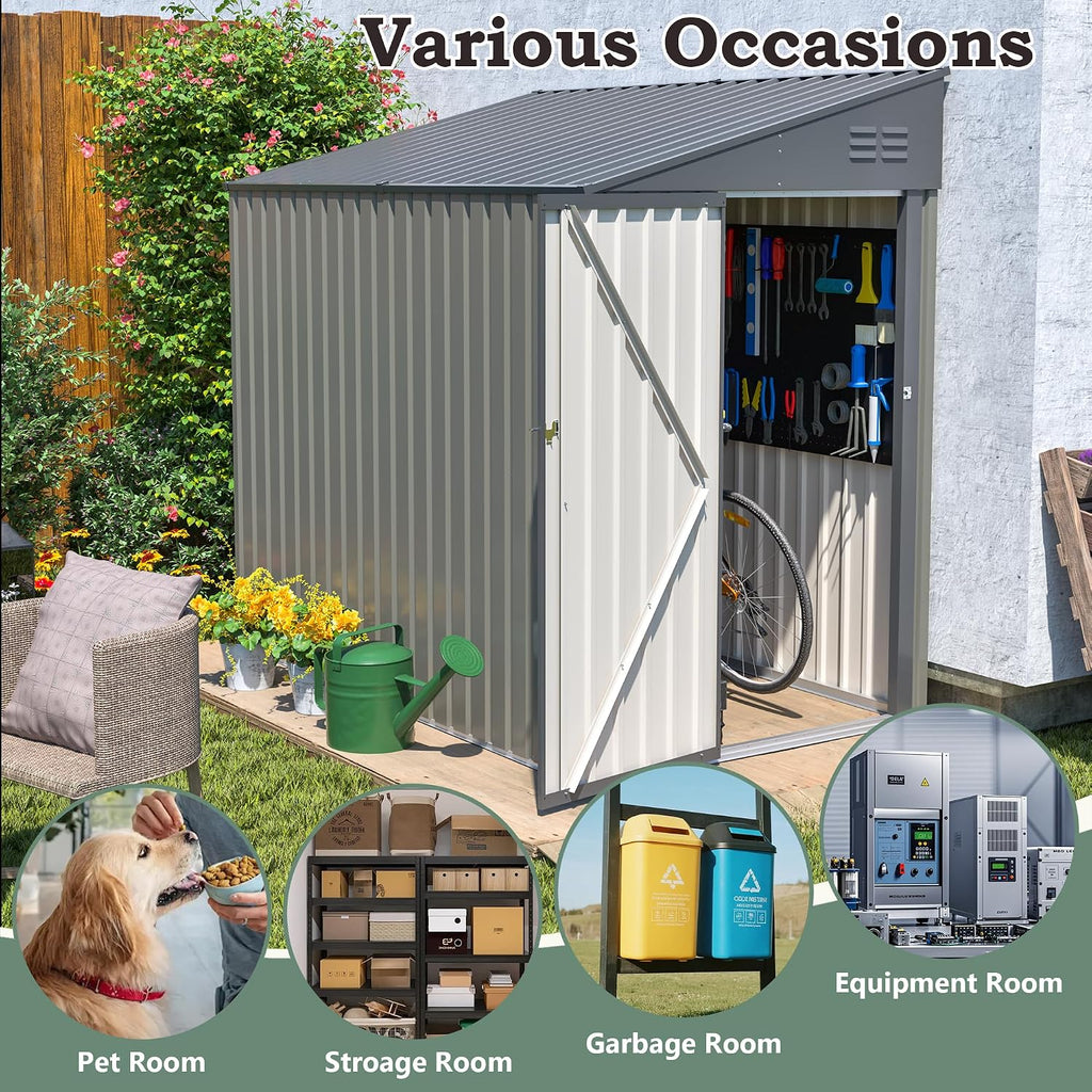 4x7 FT Lean to Shed with Single Lockable Side Door, Outdoor Metal Storage Shed, Sloping Roof Galvanized Utility Steel Tool Shed for Garden, Patio, Lawn & Backyard