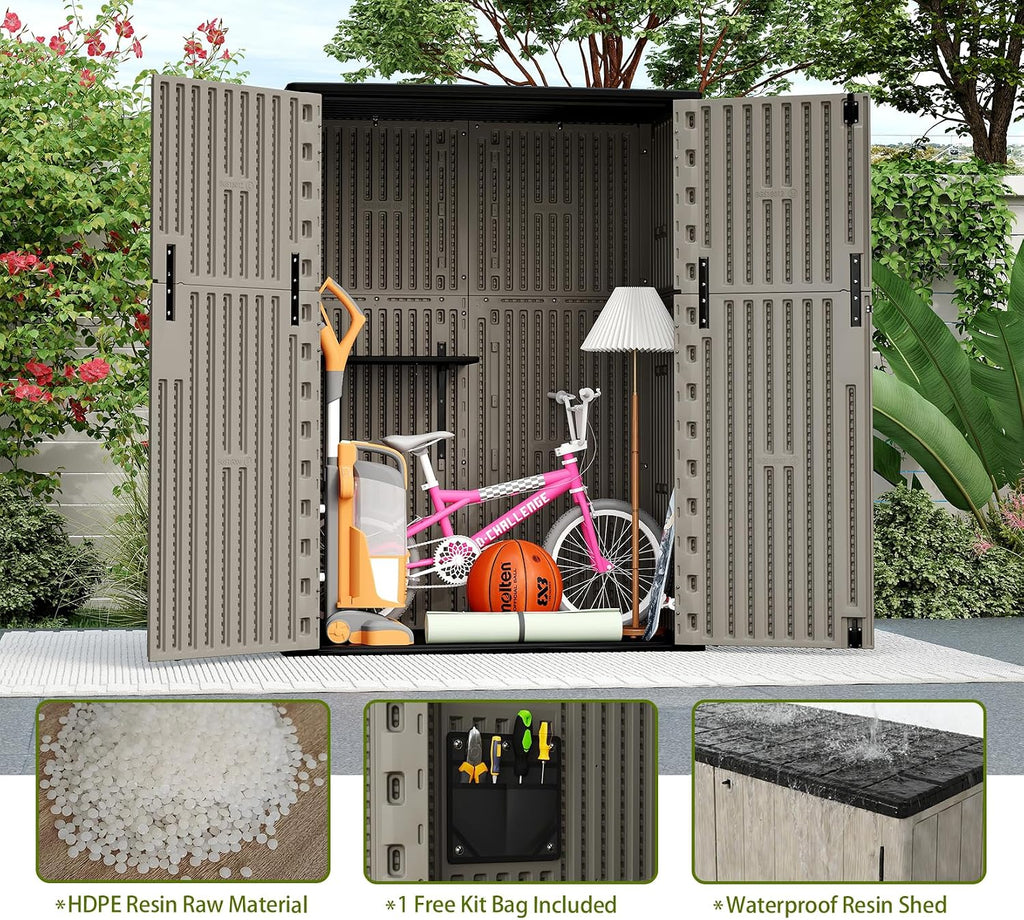 ZZM 57 Cu.ft Outdoor Storage Shed with Floor HDPE Double-Wall Resin Sheds Outdoor Storage, Lockable Weatherproof Storage Cabinet Fit for Garden Tools, Garage can, Bike, Patio Furniture, Brown