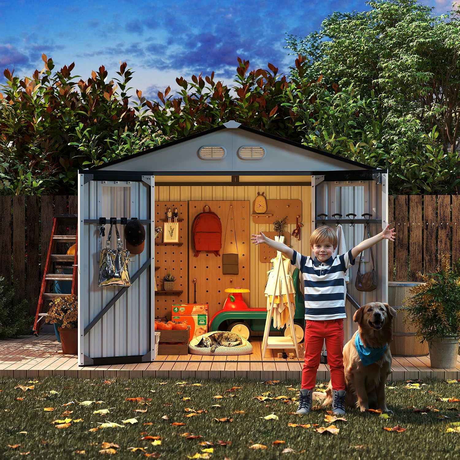 8x8 FT Outdoor Storage Shed:Heavy-Duty Metal Garden Sheds & Outdoor Storage Solution with 4 Daylight Windows,Lockable Doors,Waterproof&UV-Resistant,Shed for Backyard Tool Storage (White)