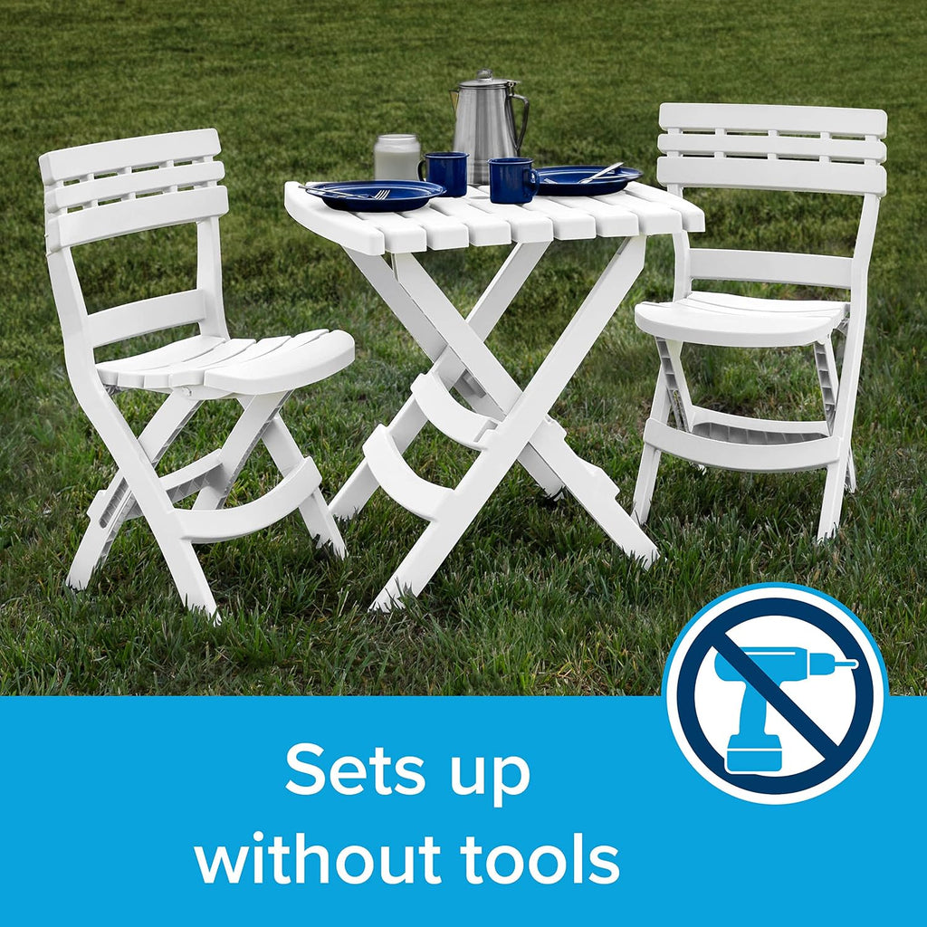 Camco Outdoor Table and Chair Set | Features Foldable Design for Compact RV Storage and Organization | Great for Camping, Events, Patios, and More | No-Tool Assembly | 3-Piece, White (51640)