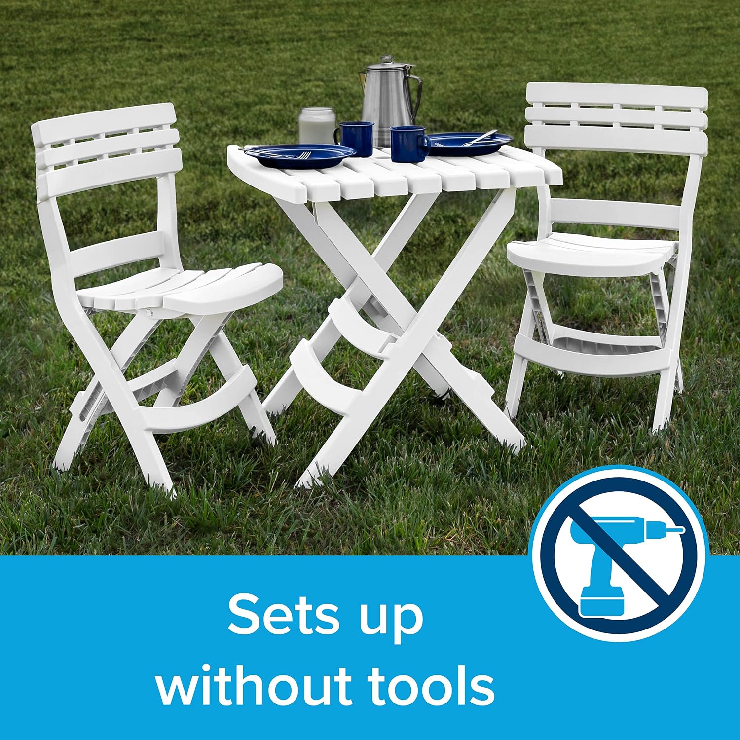 Camco Outdoor Table and Chair Set | Features Foldable Design for Compact RV Storage and Organization | Great for Camping, Events, Patios, and More | No-Tool Assembly | 3-Piece, White (51640)
