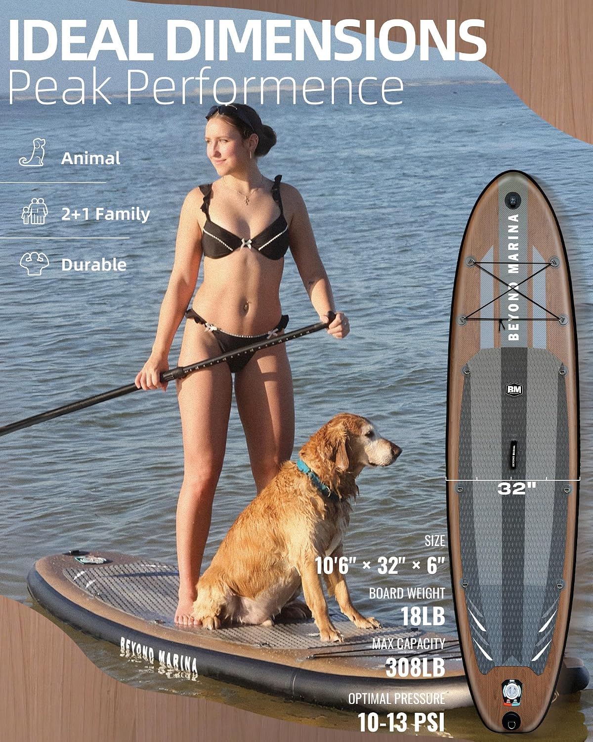 BM Paddle Board Inflatable Stand Up Paddle Board, SUP Paddleboard for Adult, Premium Accessories | Non-Slip EVA Deck & Foam Handles, Camera Mount, Double Action Pump, 85L Travel Backpack