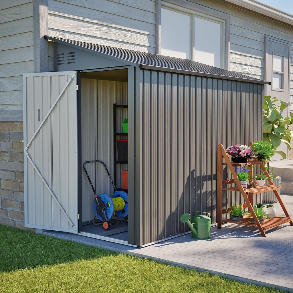 Outdoor Metal Storage Shed 4 x 8 ft, Garden Shed Lean to shed for Bike, Tool Outside Shed with Floor Base, Lock, Door for Backyard, Patio, Lawn, Grey