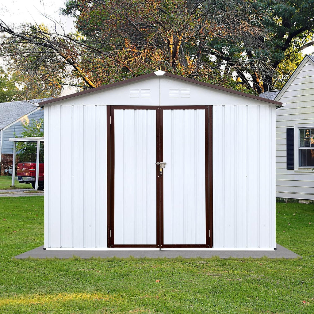 Metal Outdoor Storage Shed 8 x 10 FT, Steel Utility Tool Shed Storage House with Sloping Roof and Lockable Door, Waterproof Garden Storage Tool Shed for Backyard Patio Lawn (White, 8X10 FT)